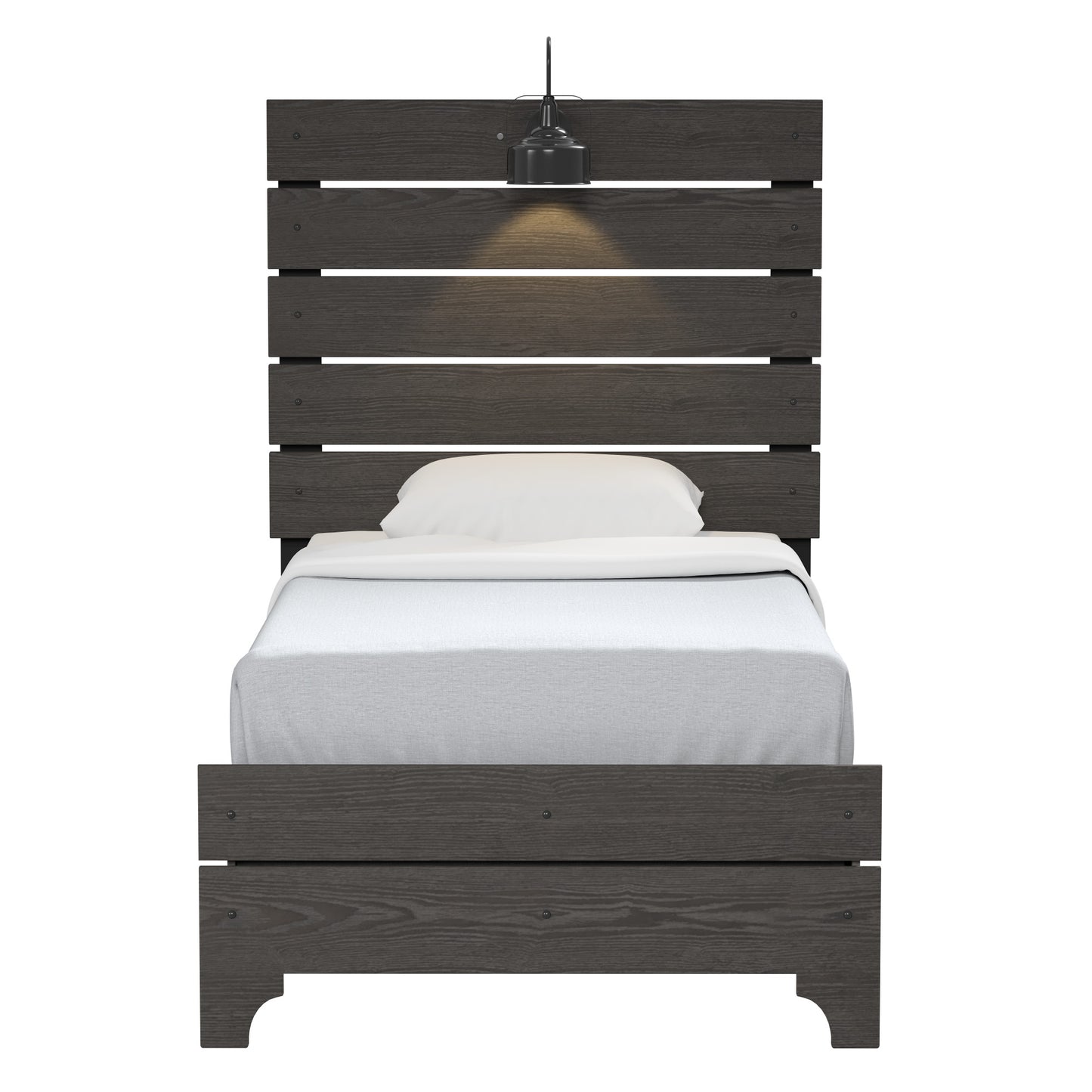 Dark grey wooden slat platform bed with a modern lamp attached to the headboard