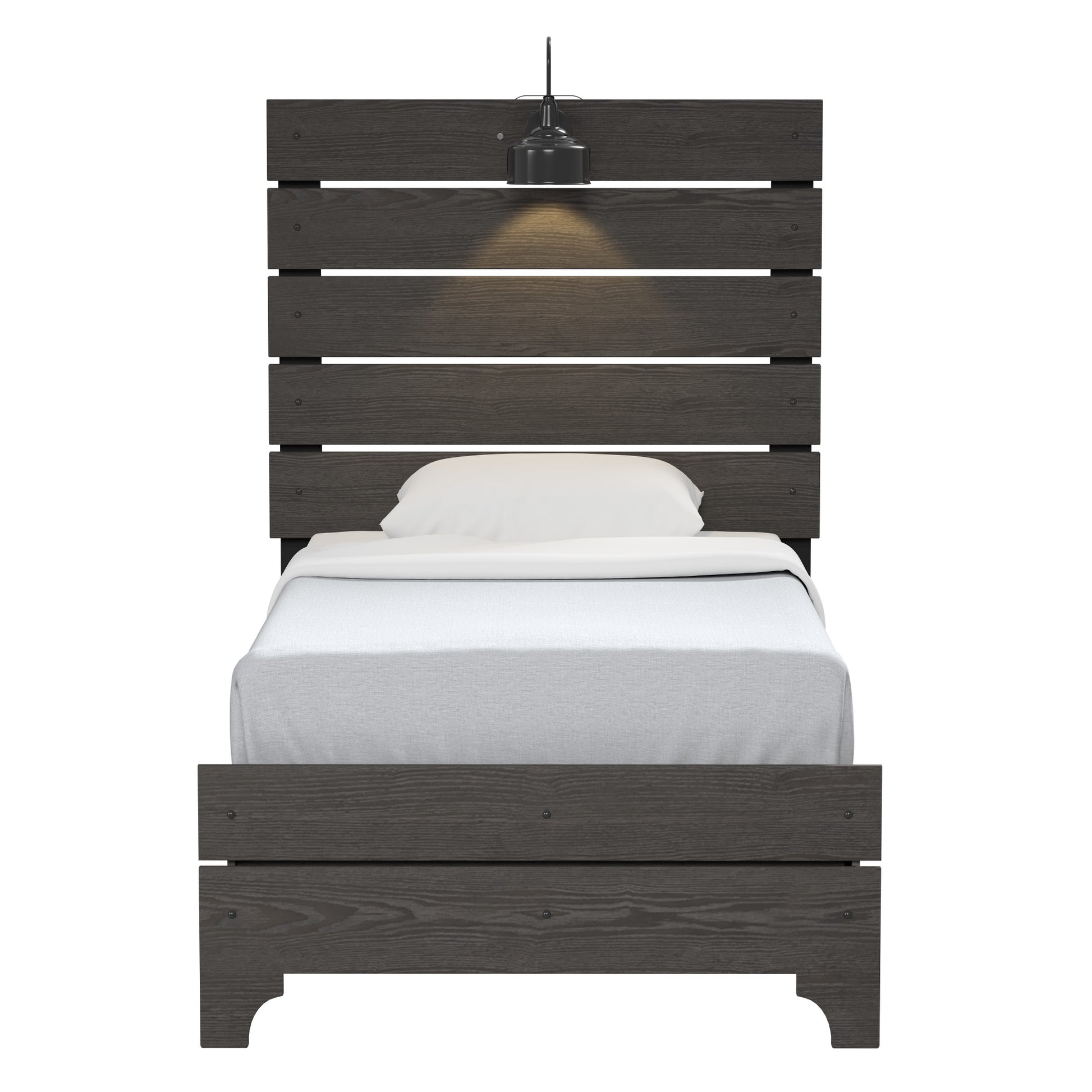 Dark grey wooden slat platform bed with a modern lamp attached to the headboard