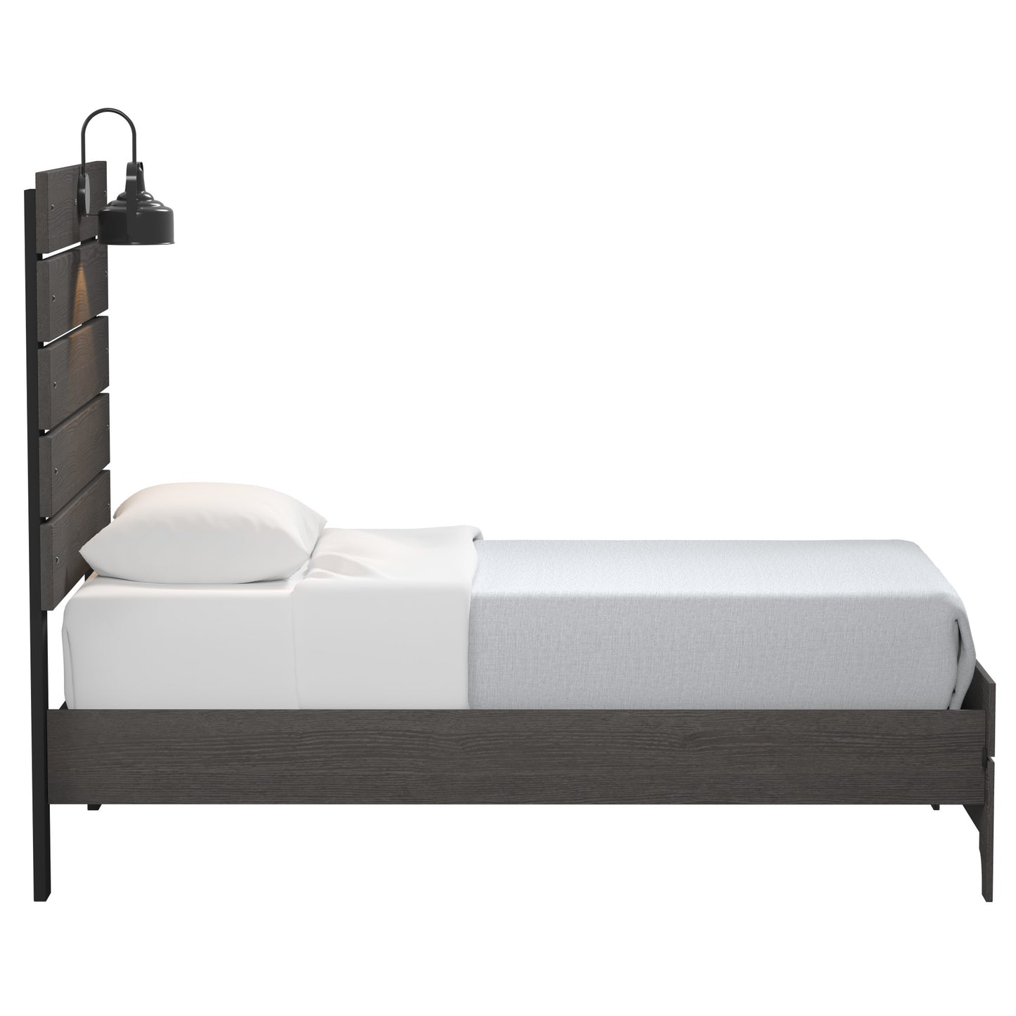Modern grey wood platform bed with industrialstyle headboard lamp