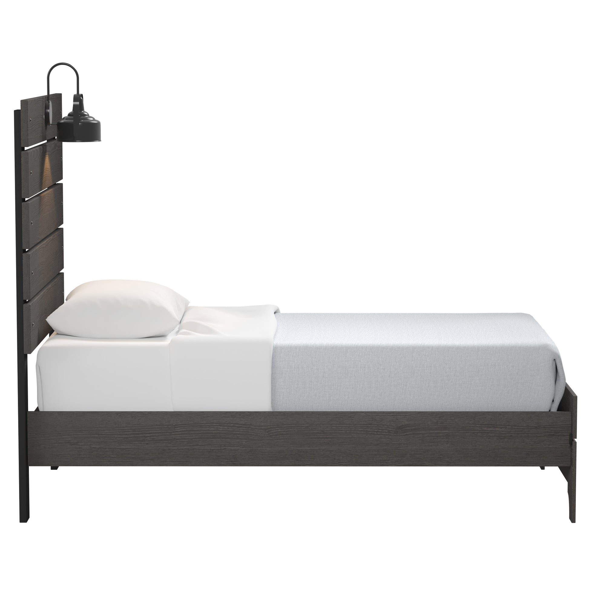Modern grey wood platform bed with industrialstyle headboard lamp