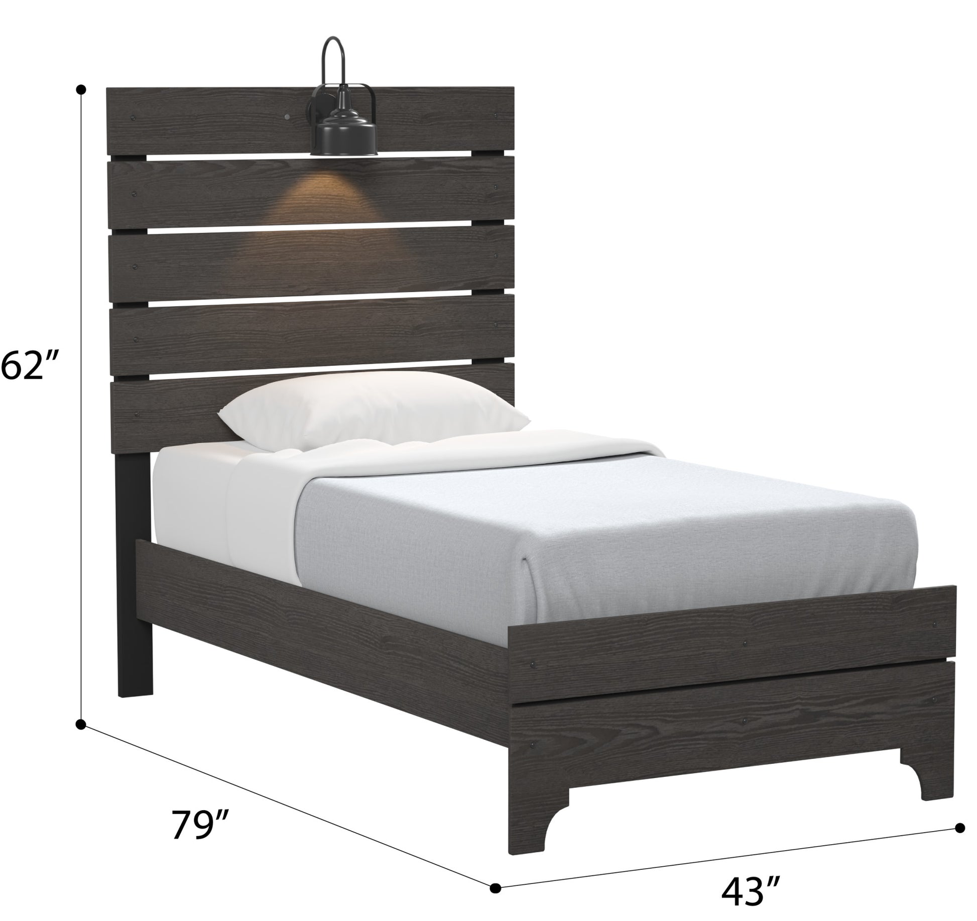 Dark grey wooden twin bed frame with attached reading lamp