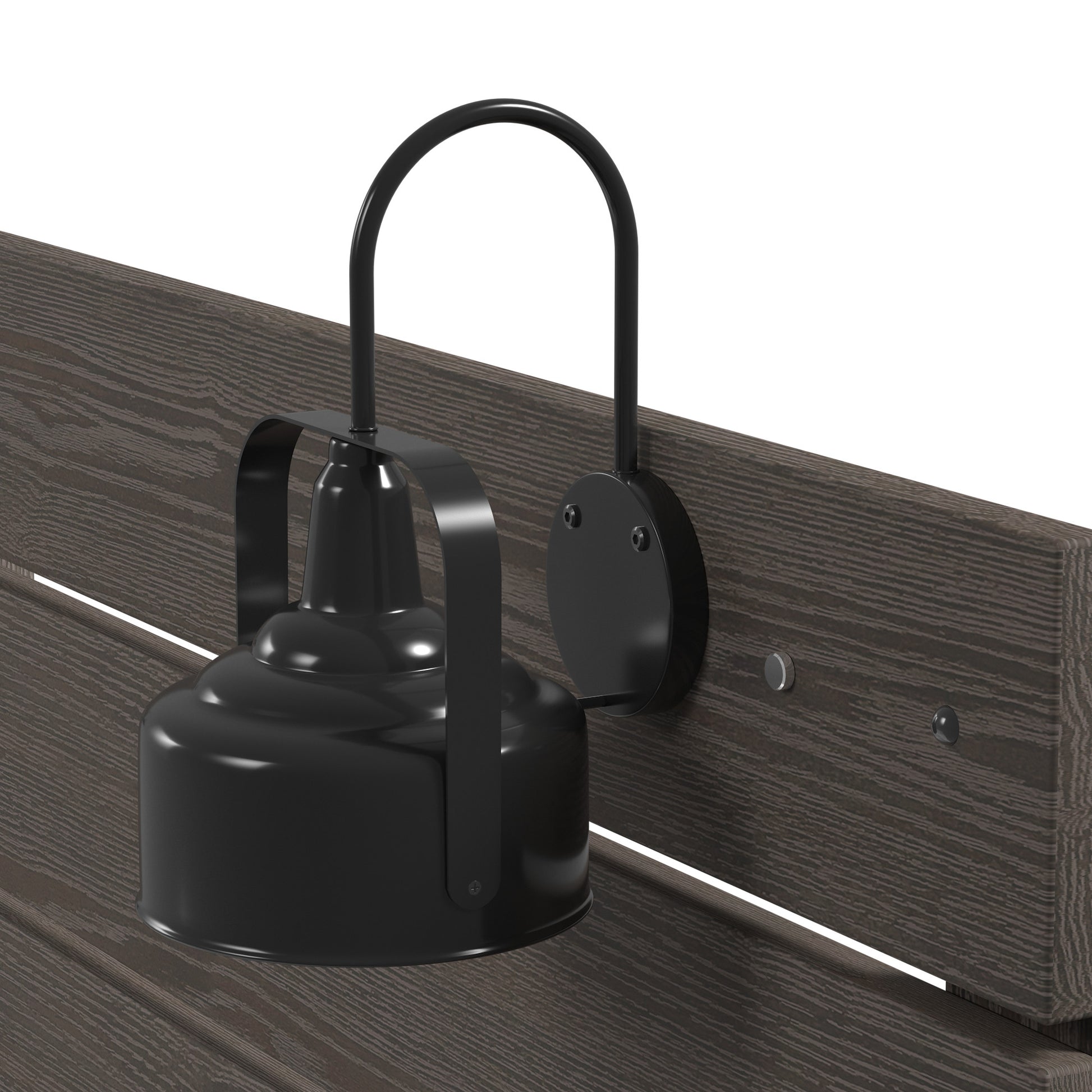 Black industrial barn lamp with curved arm mounted on dark wood plank