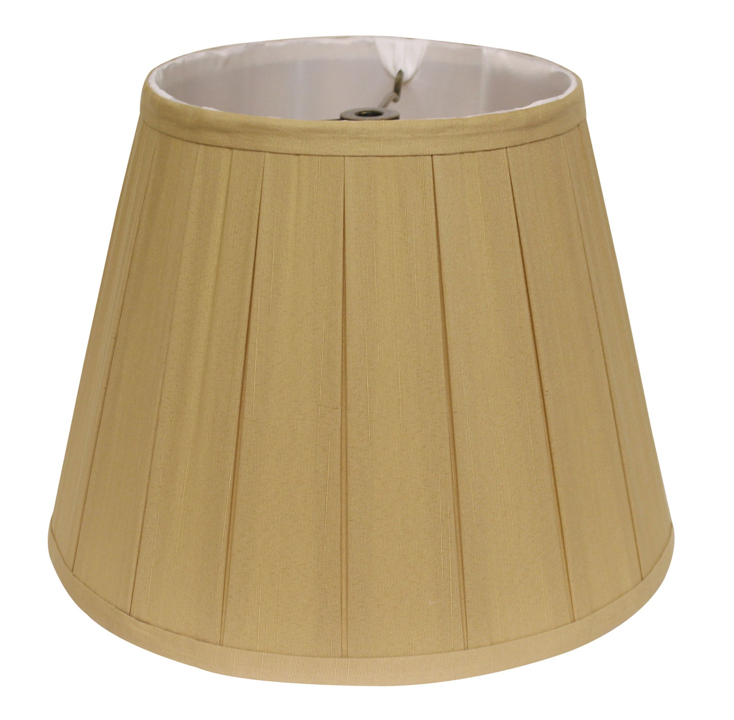 Pleated tan drum lampshade with white lining and a silver finial clip