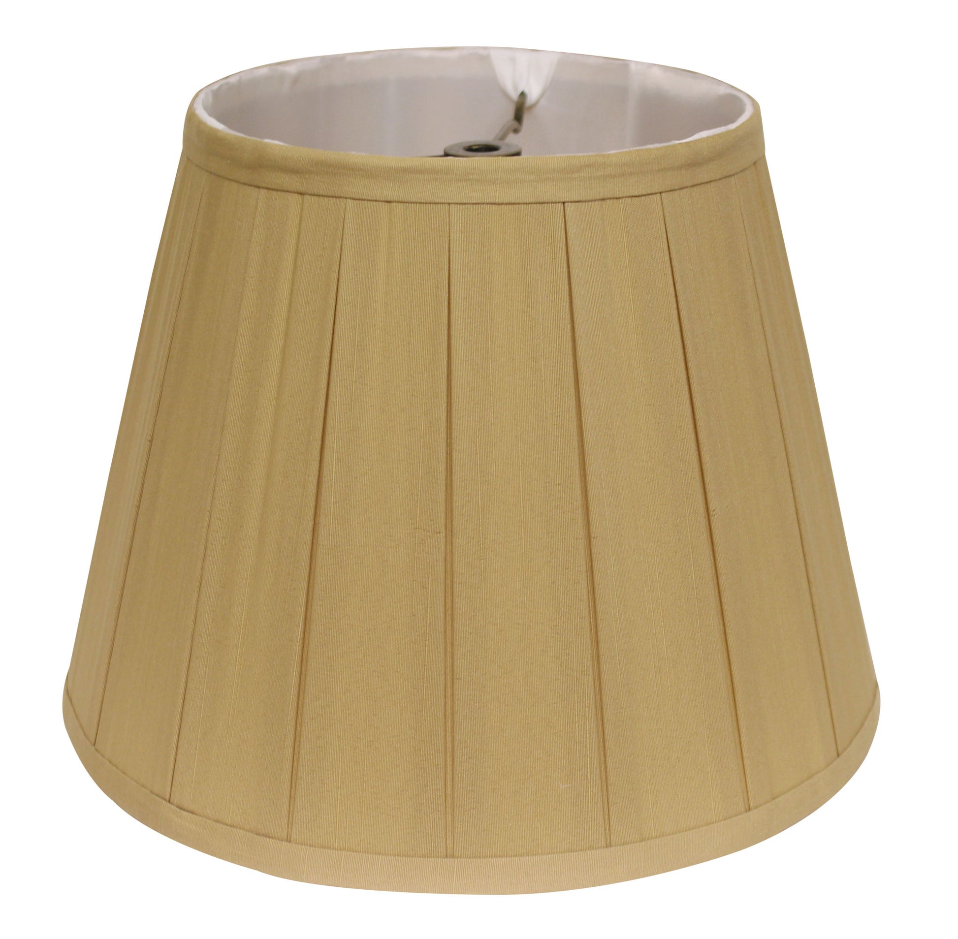 Pleated tan drum lampshade with white lining and a silver finial clip