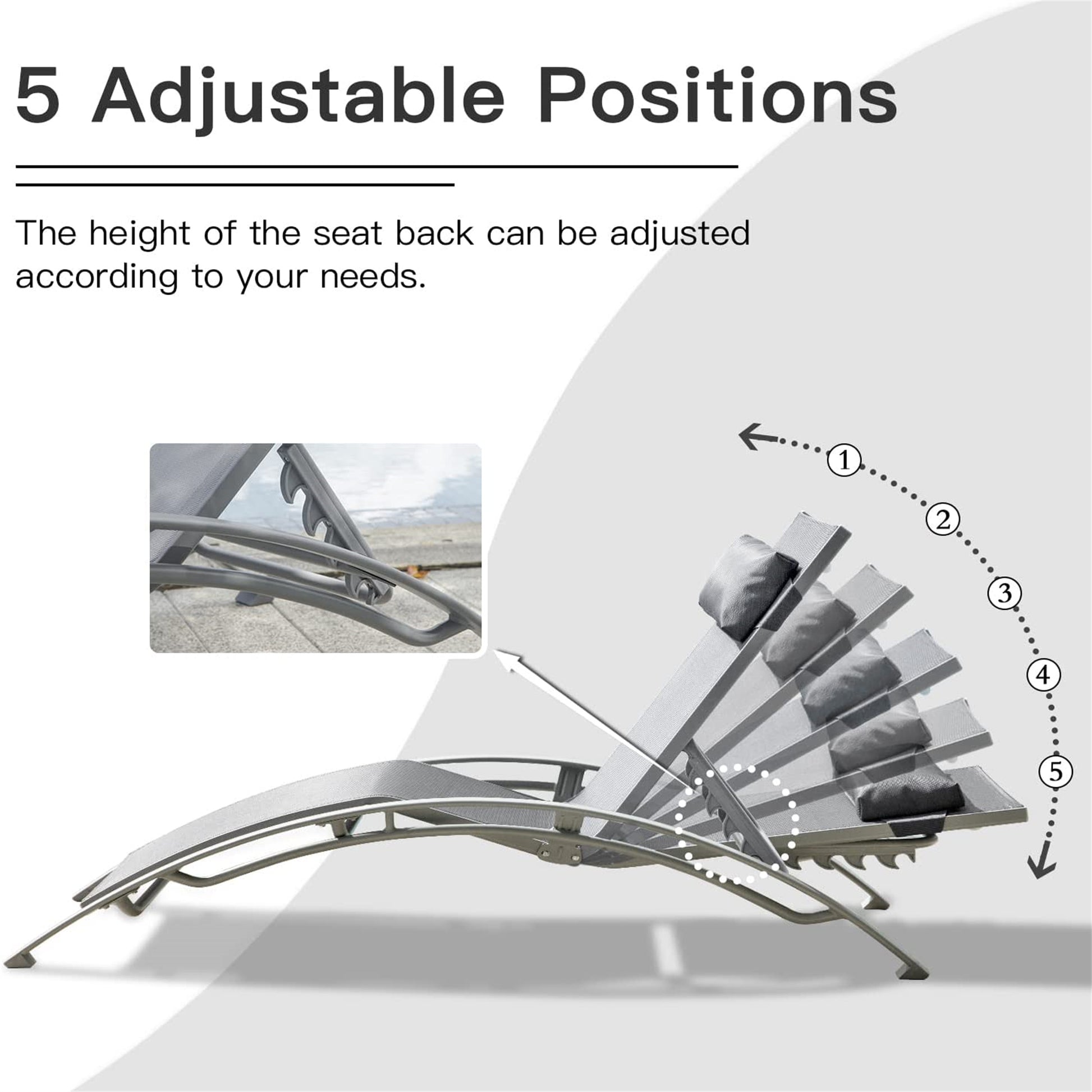 Gray adjustable chaise lounge with  reclining positions
