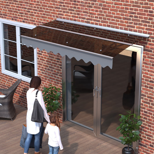 Modern patio awning with clear polycarbonate canopy and scalloped valance
