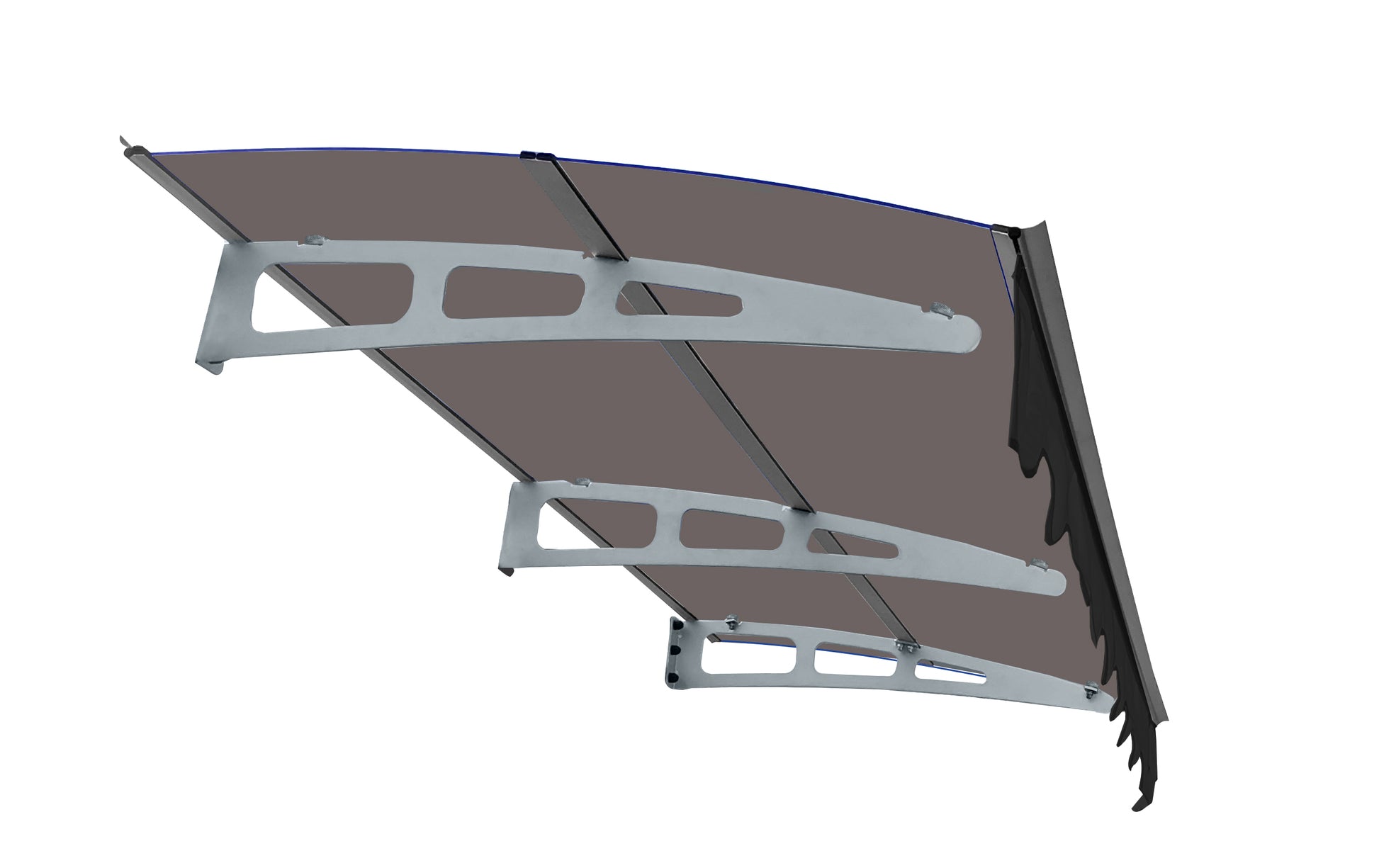 Modern grey metal door canopy with tinted polycarbonate roof