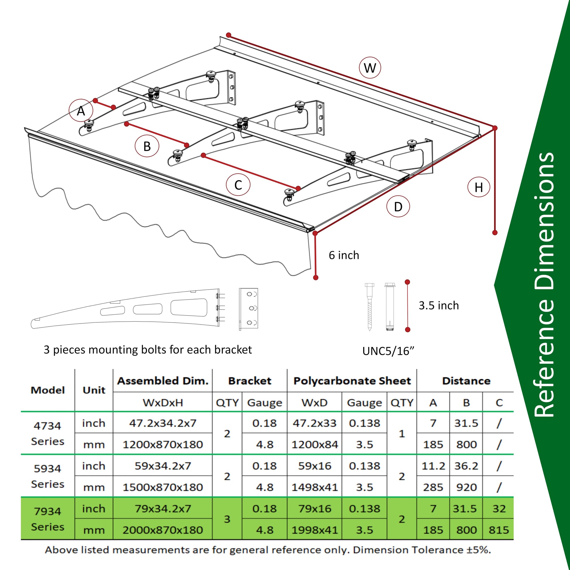 Diagram of a retractable awning frame with dimensions and measurements indicated by letters A B C D W and H