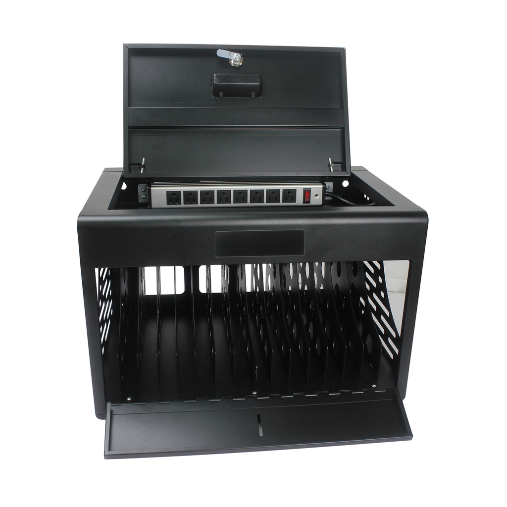 Black metal charging cart with  slots and power strip