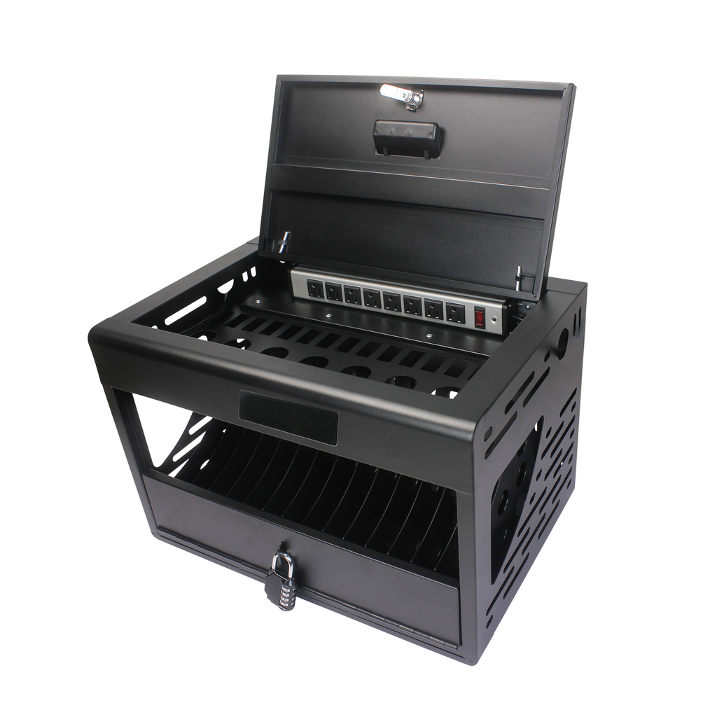 Black metal network server rack with power strip