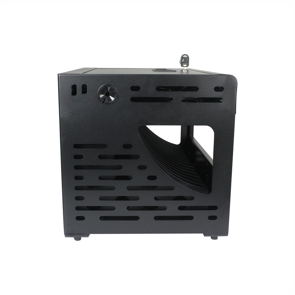 Black metal server rack case with ventilation slots and top key lock