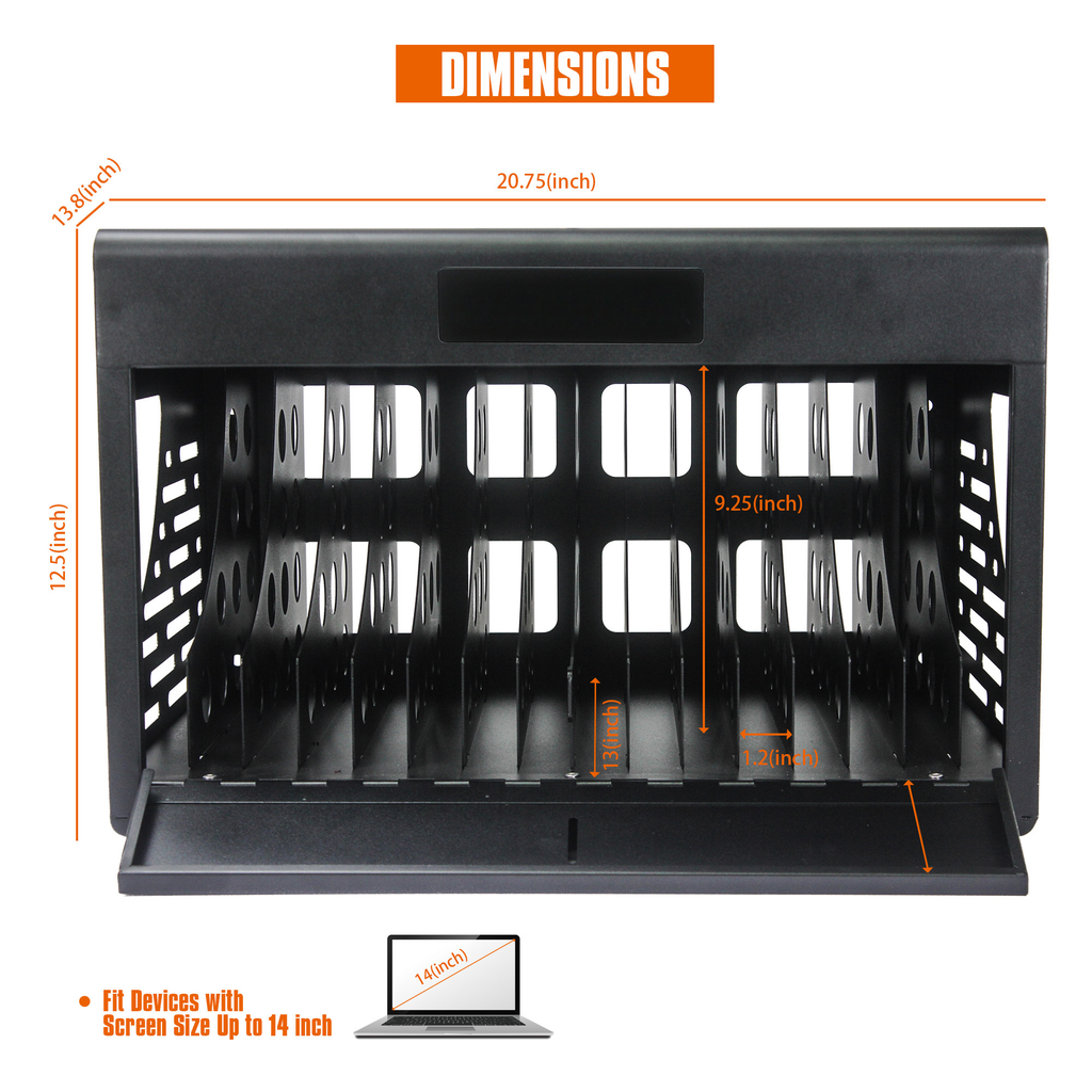 Black charging station with  slots for tablets and laptops
