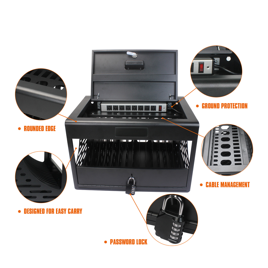 Black metal charging cart with multiple slots and power strip
