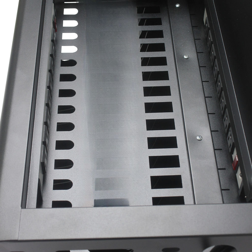 Closeup of empty black rackmount server shelf