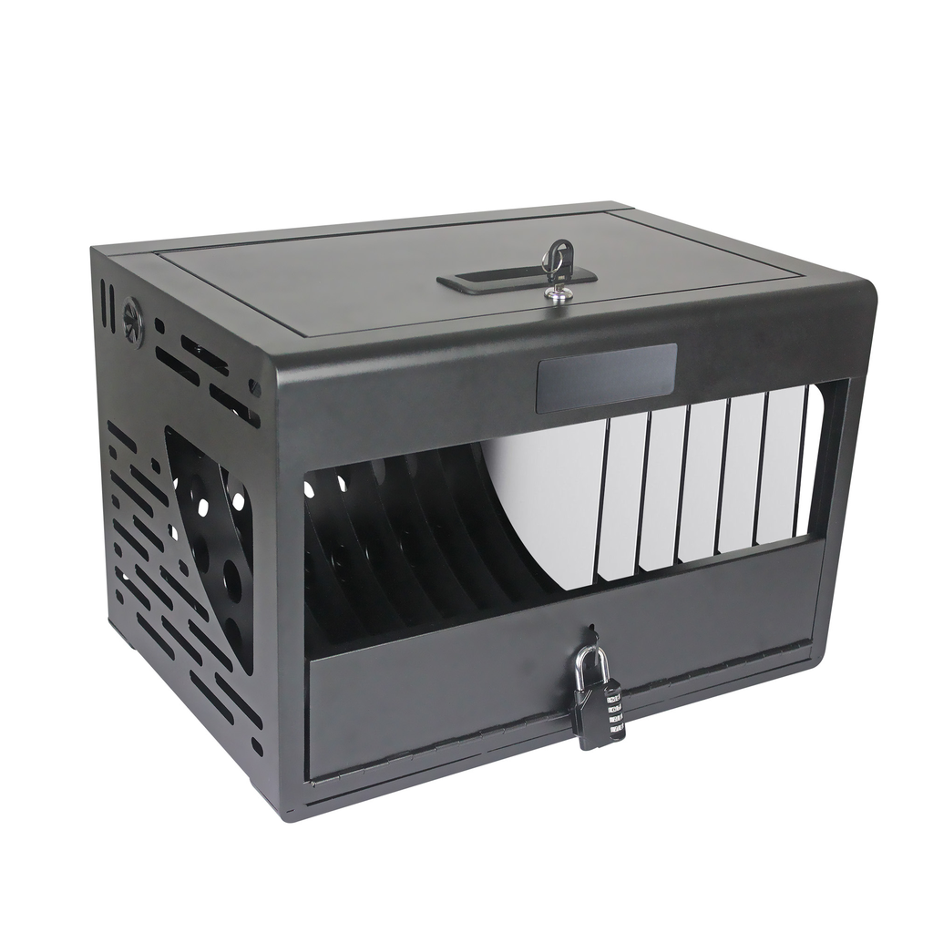 Black metal charging station with  slots and a lock