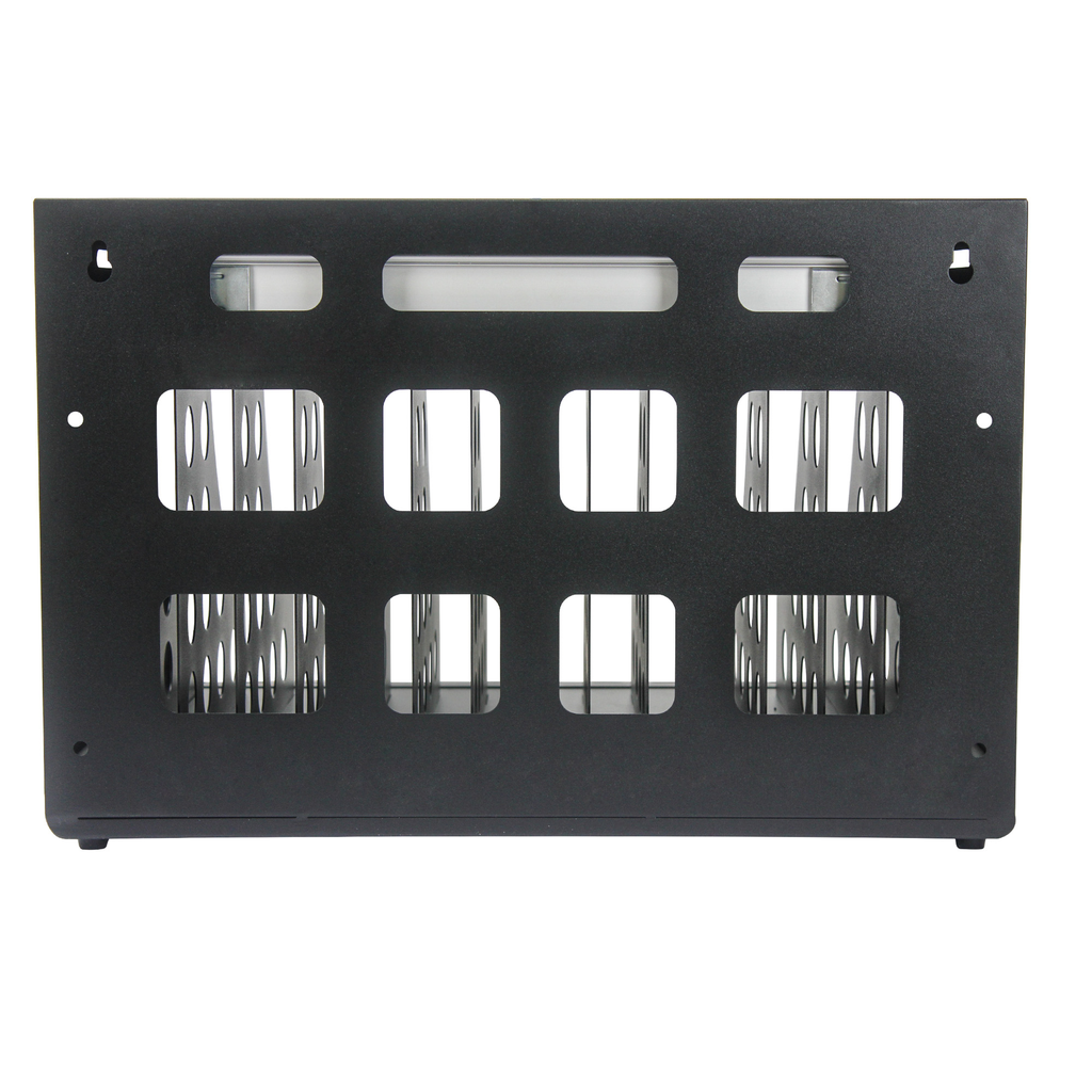 Black metal mail organizer with  slots for office mail sorting