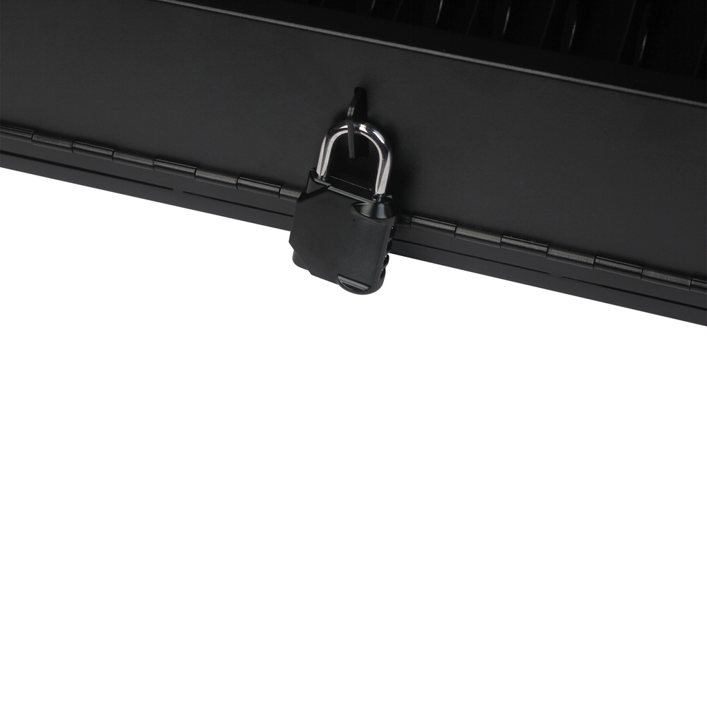 Black combination lock secured to a black metal storage box