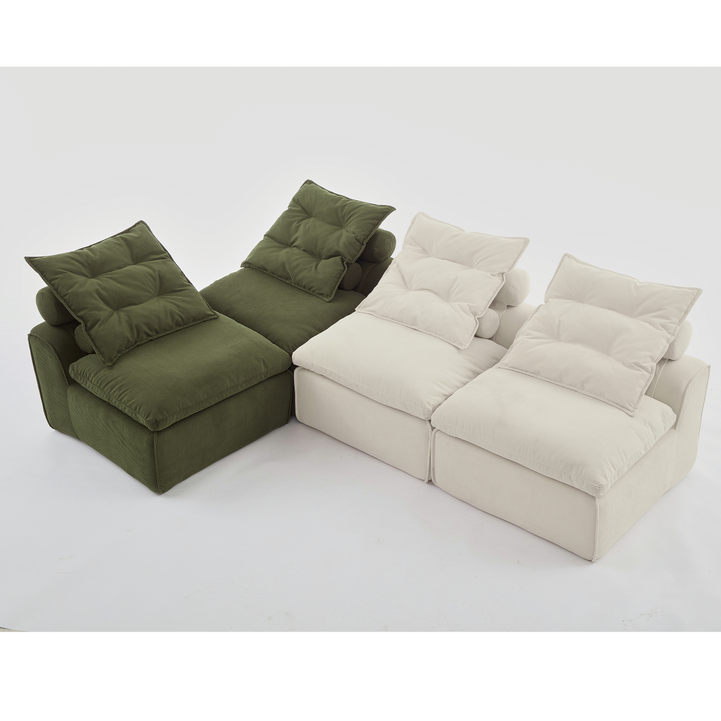 Plush green corduroy modular sofa with tufted cushions