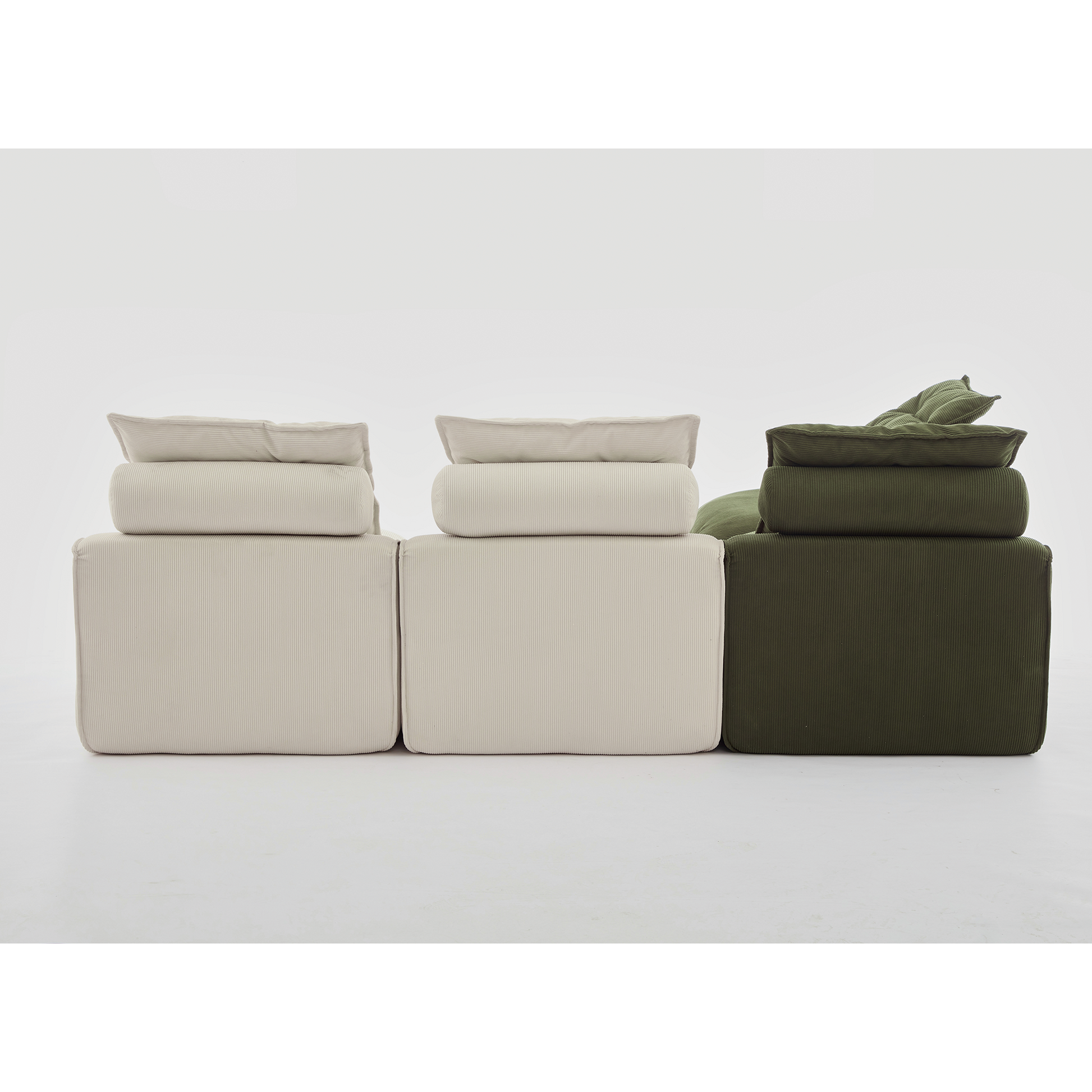 Modular sectional sofa in beige corduroy with plush cushions for comfortable seating