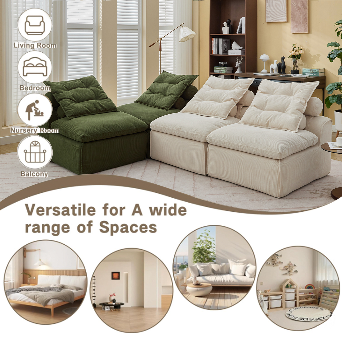 Modular corduroy sofa in forest green and cream for living room comfort