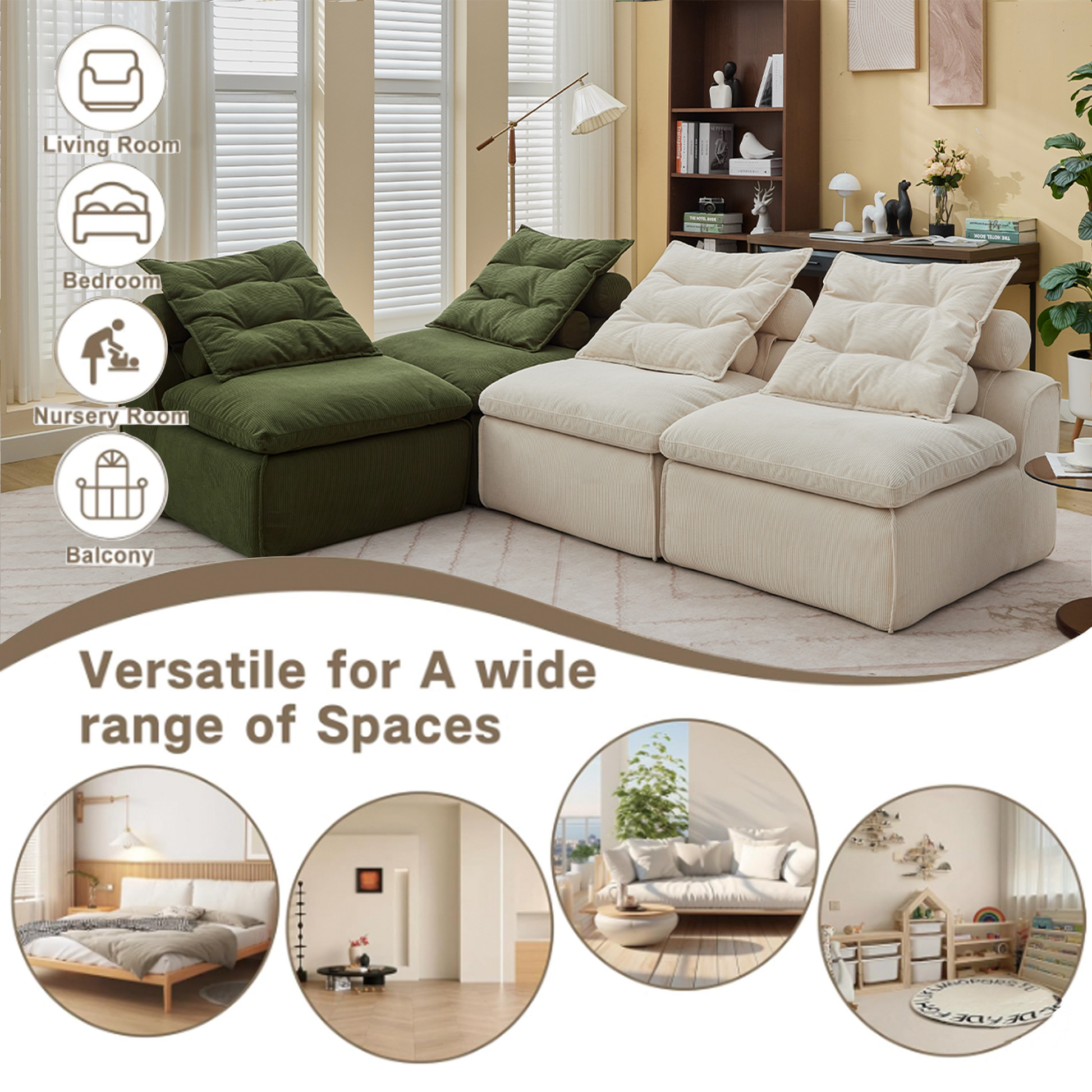 Modular corduroy sofa in forest green and cream for living room comfort