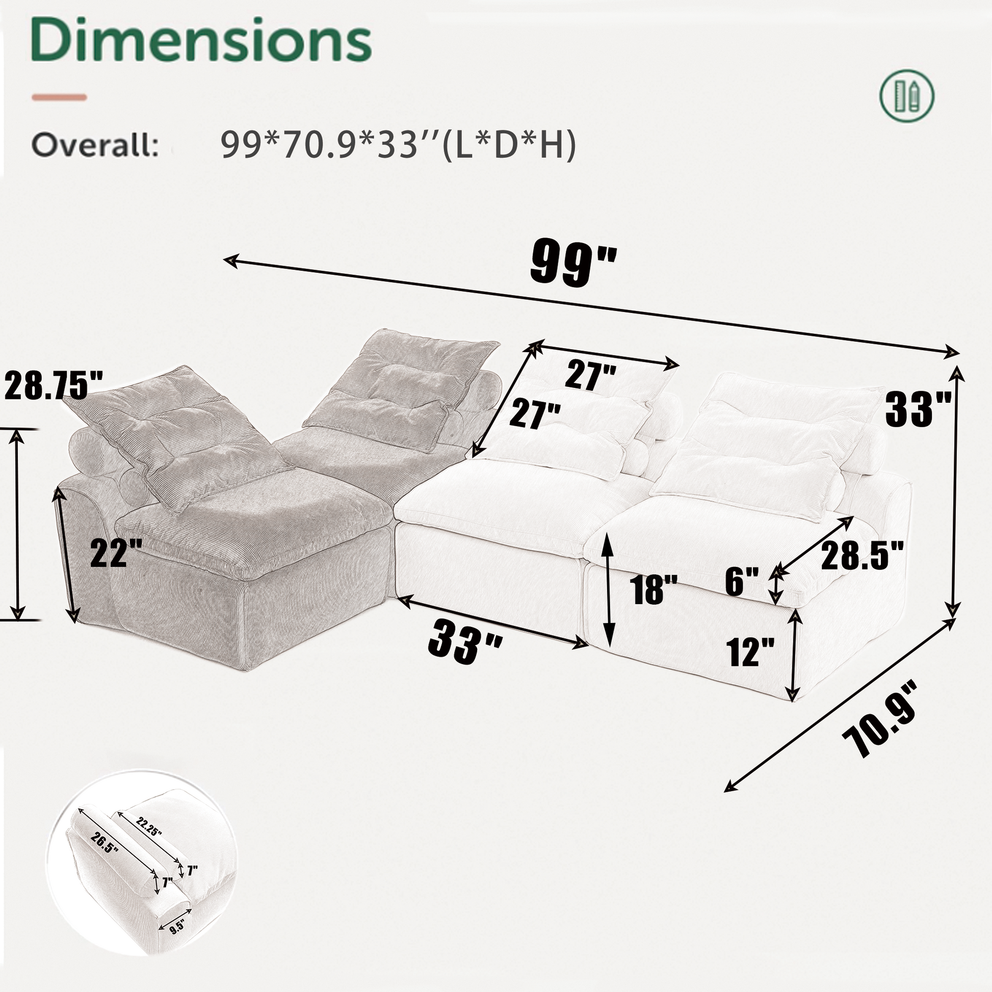 Diagram of modular sectional sofa dimensions  L x  D x  H