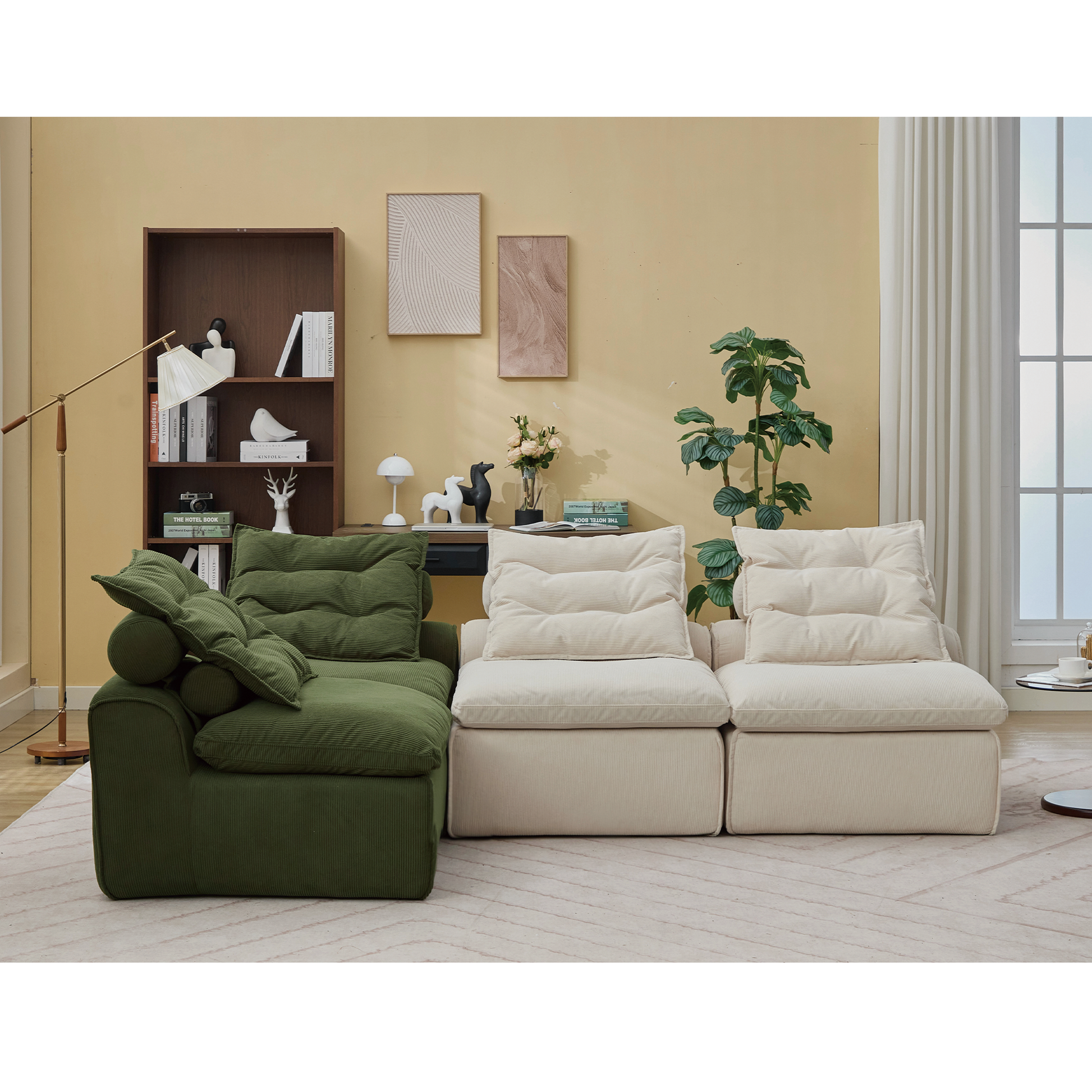 Plush green corduroy modular sectional sofa with deep cushions