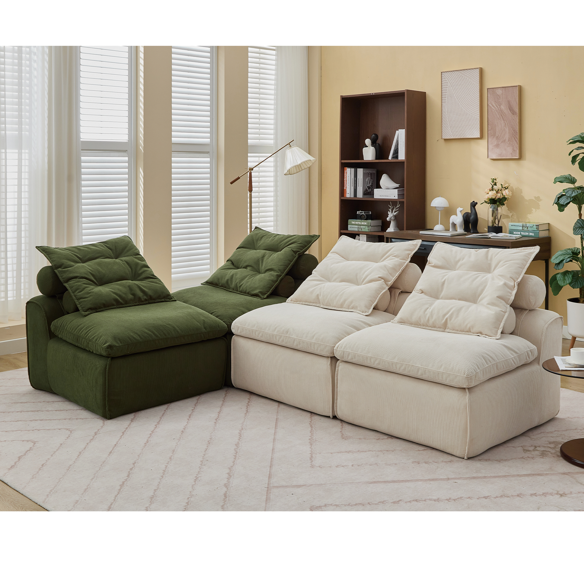 Plush green corduroy sectional sofa with deep seating and tufted cushions for modern living rooms