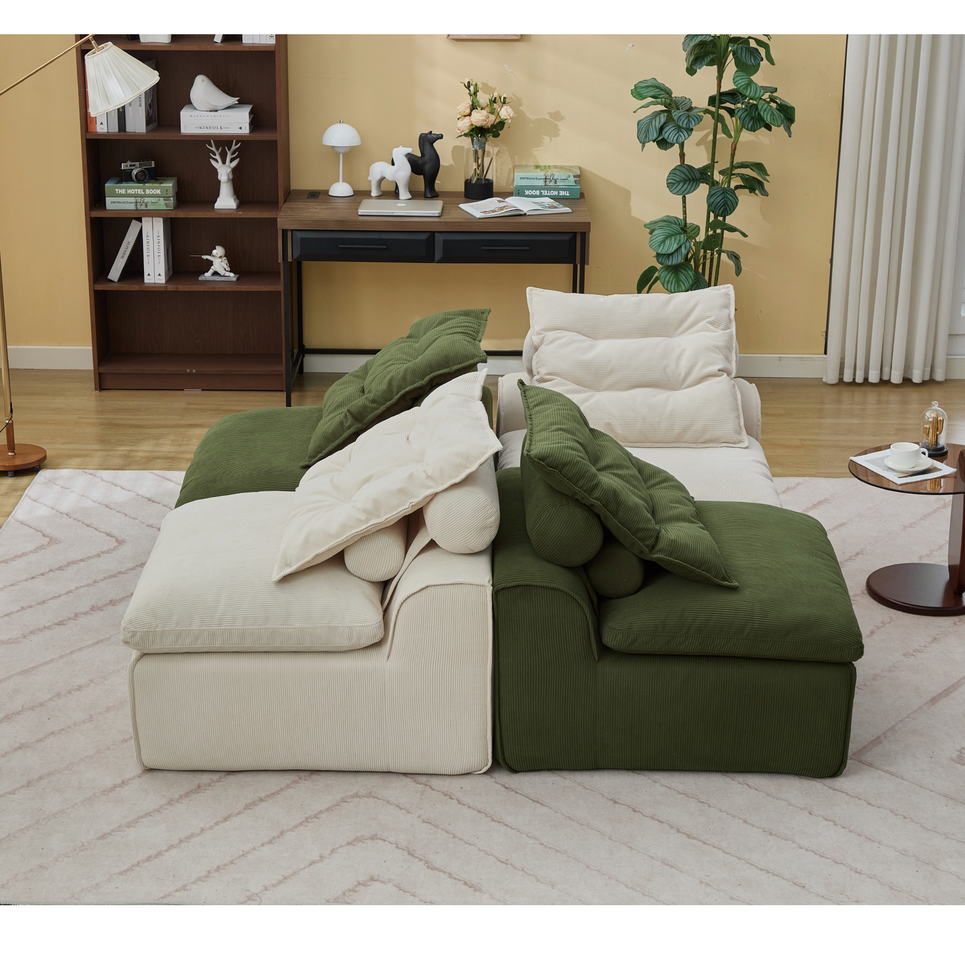 Corduroy sectional sofa in cream and olive green