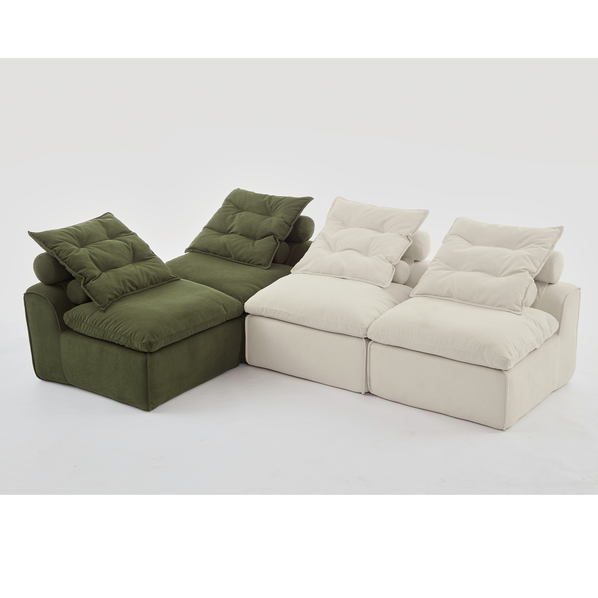 Plush green corduroy sectional sofa with deep cushions