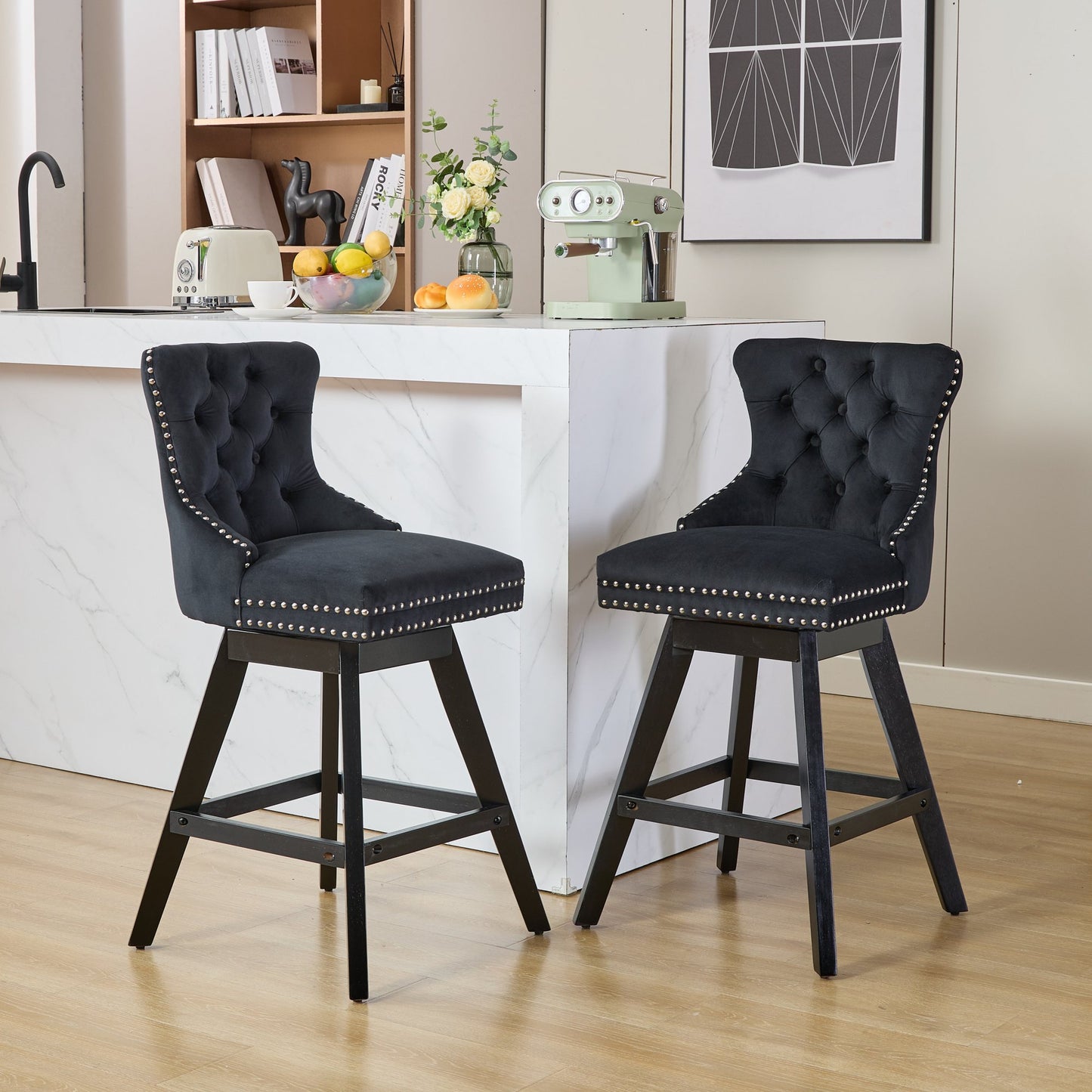 Black velvet swivel bar stool with tufted back and silver nailhead trim