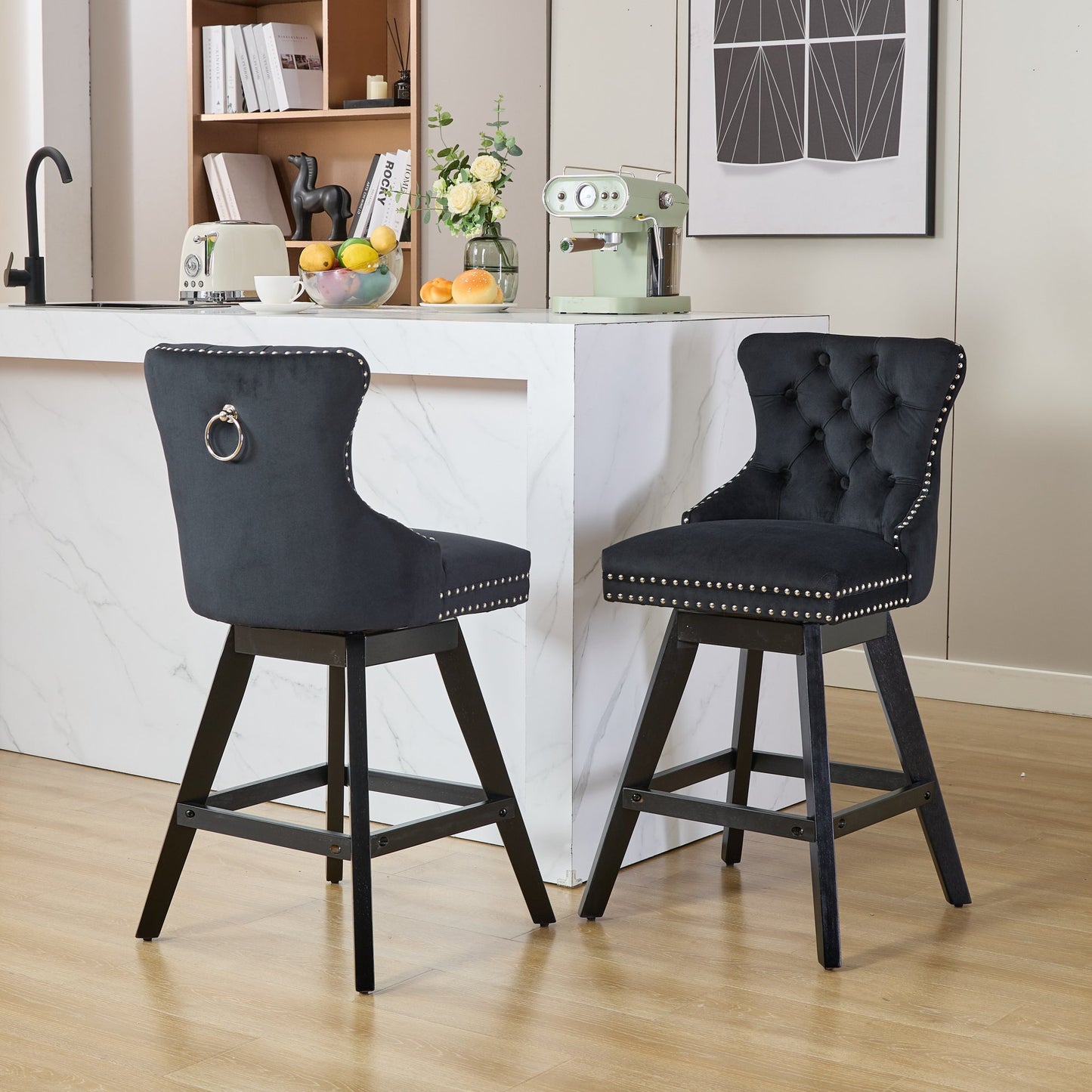 Black velvet bar stool with silver studding and ring accent