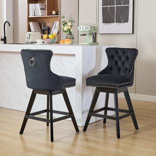 Black velvet bar stool with silver studding and ring accent