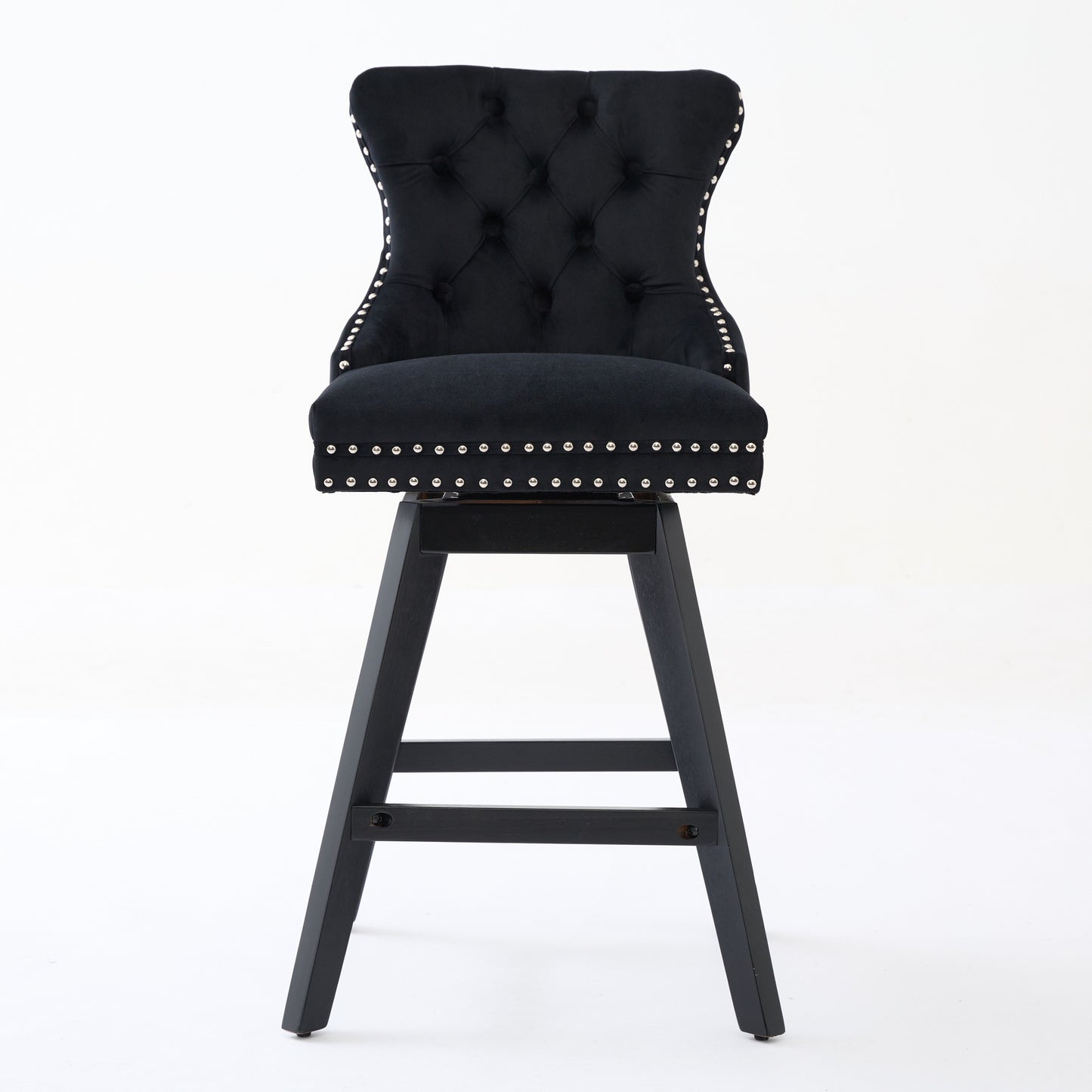 Black velvet tufted swivel bar stool with silver nailhead trim