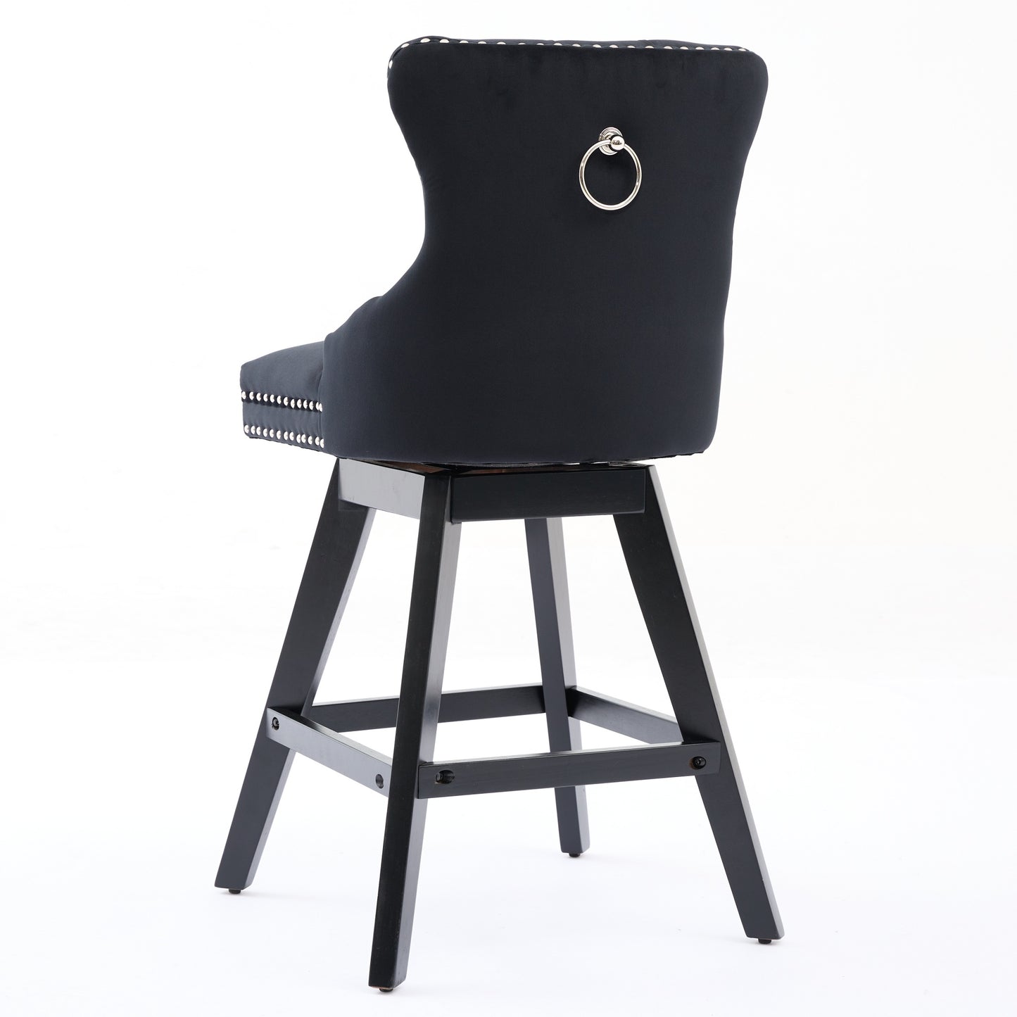 Black velvet swivel bar stool with silver nailhead trim and ring pull