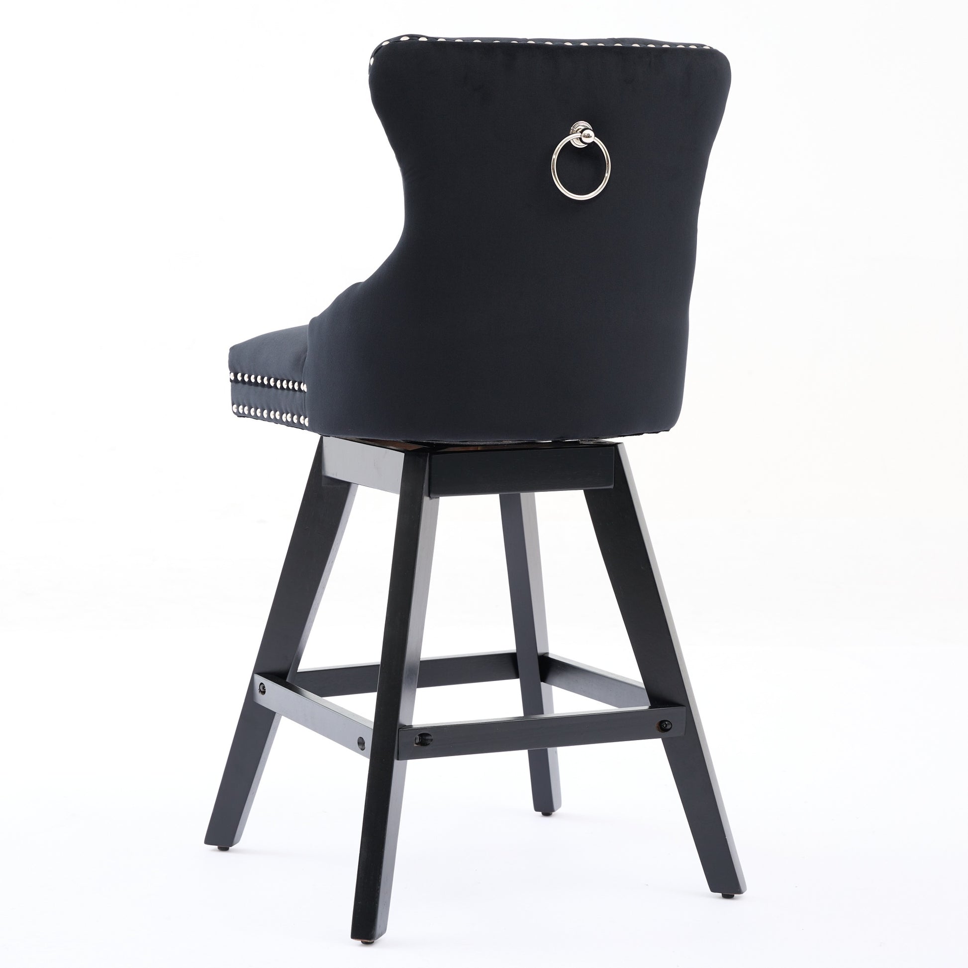 Black velvet swivel bar stool with silver nailhead trim and ring pull