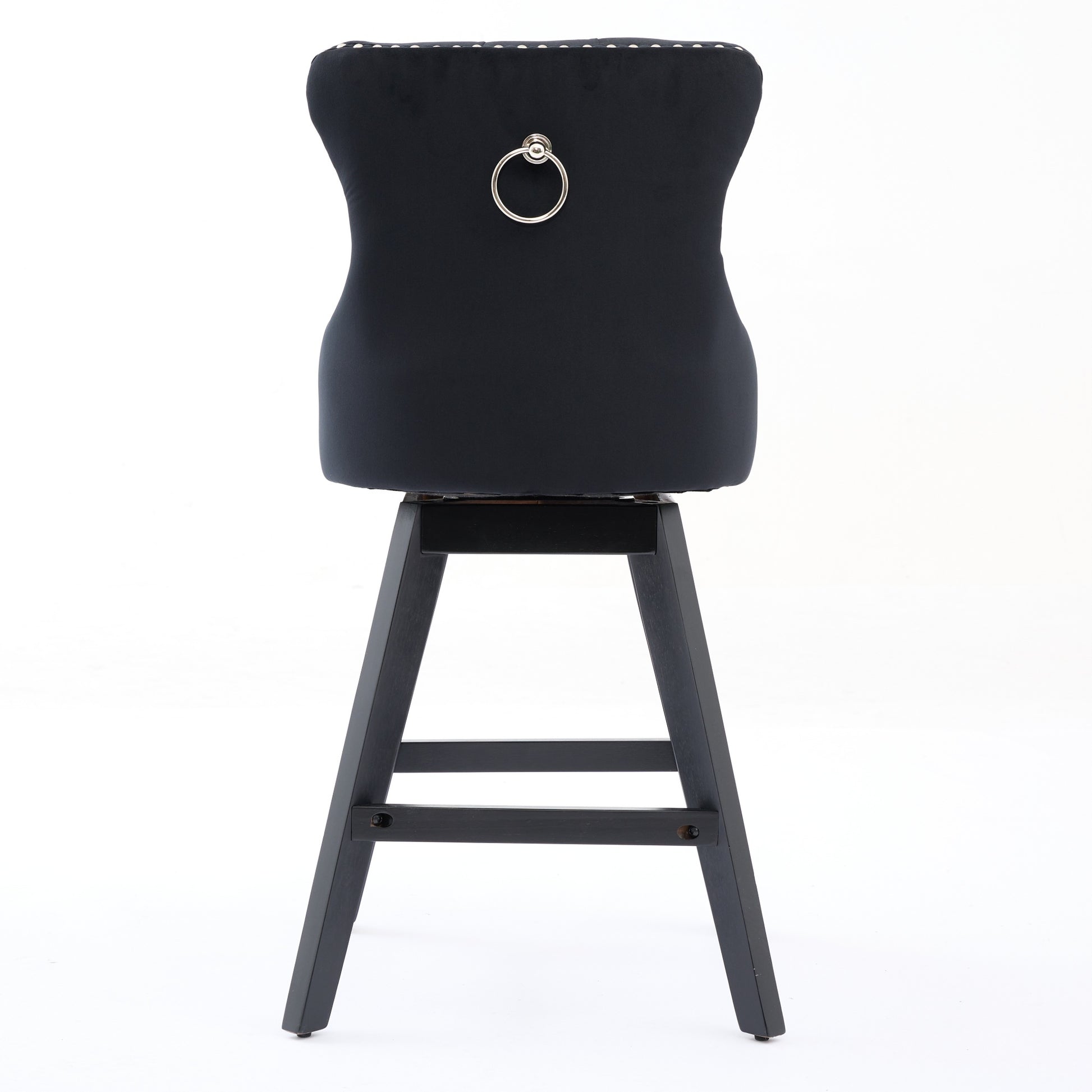 Black velvet swivel bar stool with silver ring pull and nailhead trim