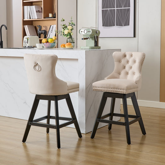 Cream tufted bar stool with silver nailhead trim and ring pull handle