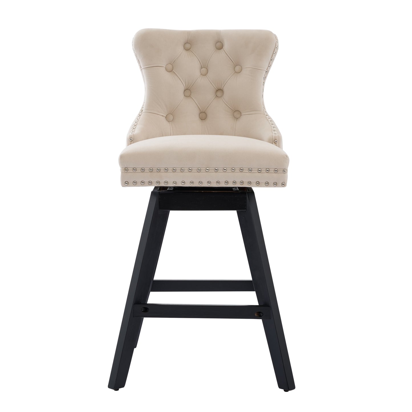 Cream velvet tufted bar stool with silver nailhead trim and black wooden legs