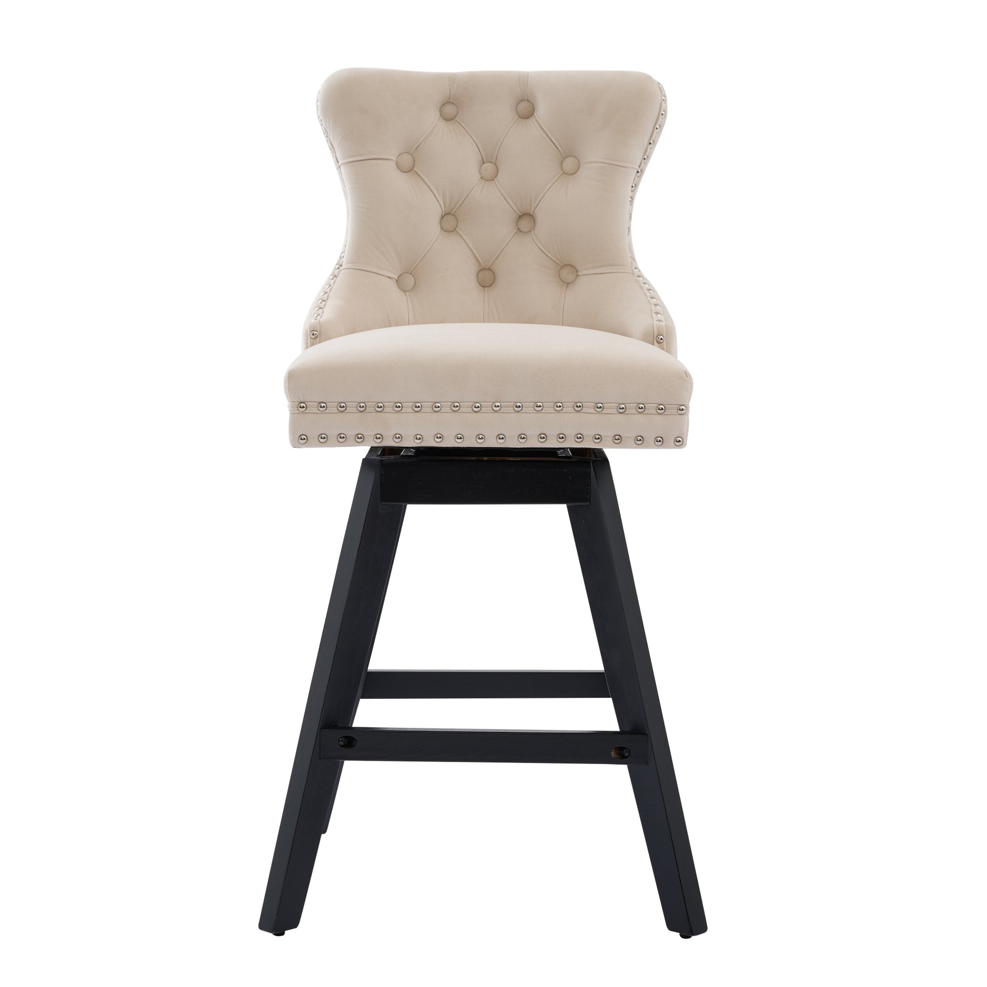Cream velvet tufted bar stool with silver nailhead trim and black wooden legs