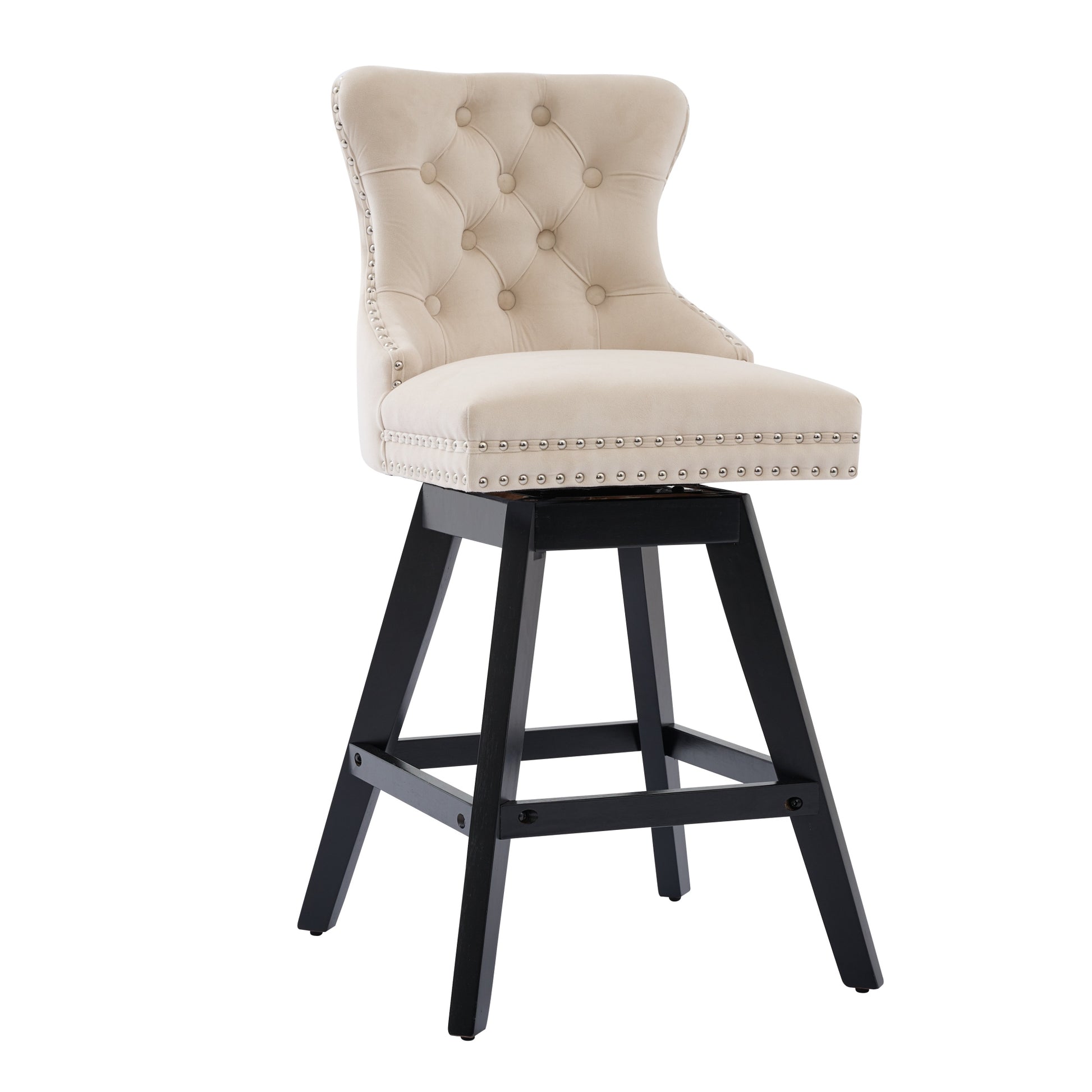 Cream velvet tufted bar stool with silver nailhead trim and black wooden legs