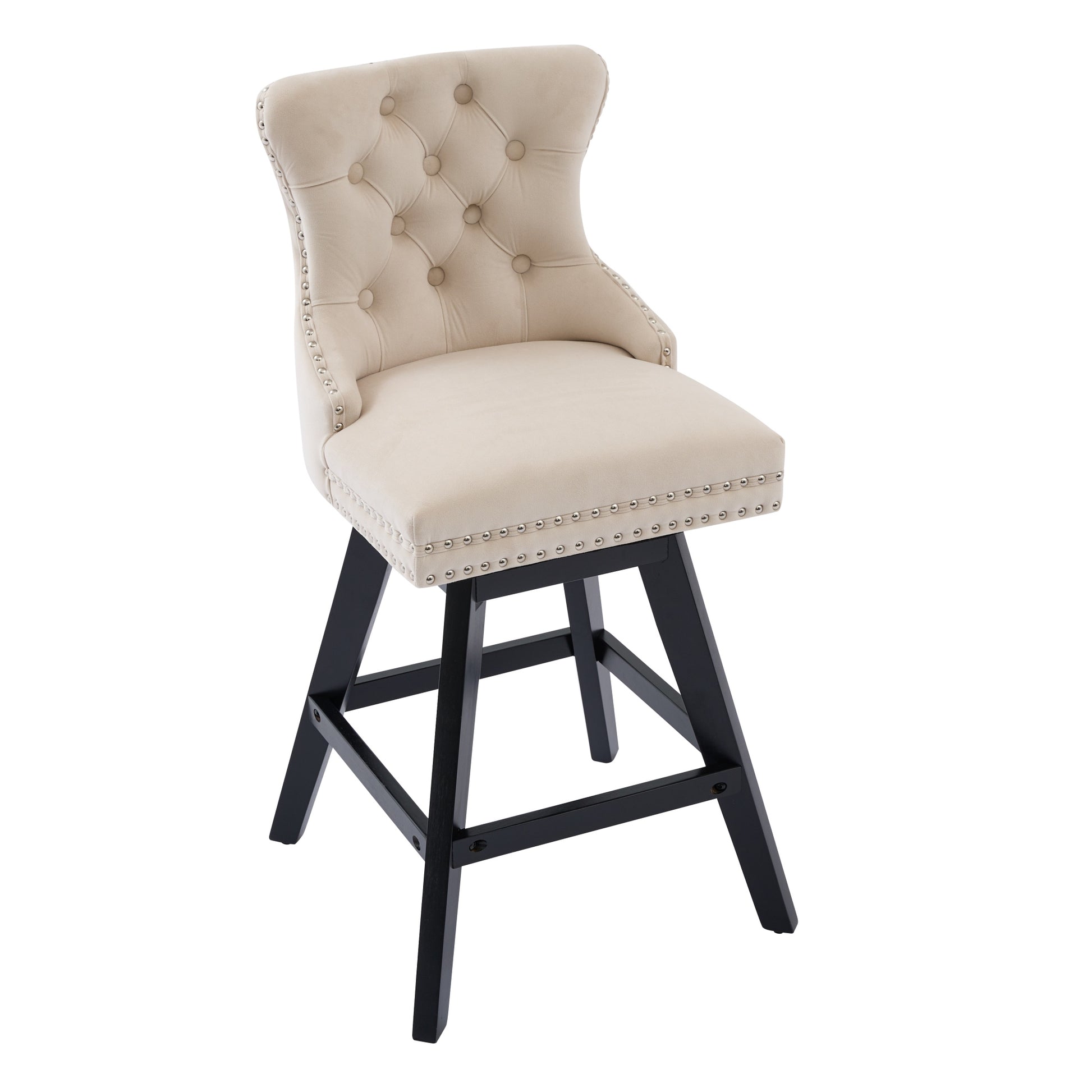 Cream velvet tufted bar stool with silver nailhead trim and dark wood legs