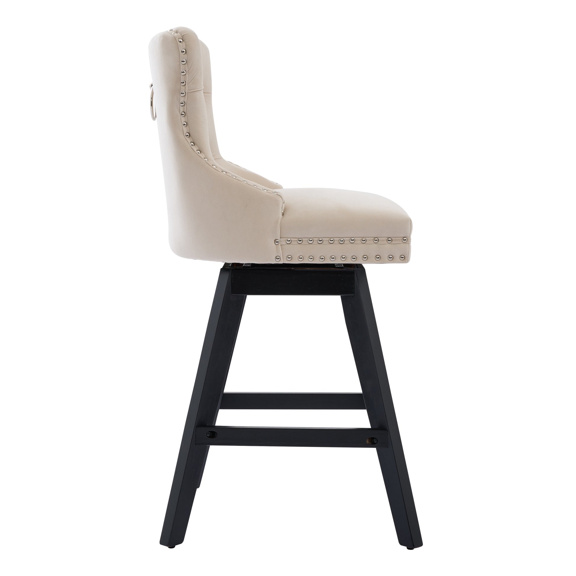 Cream velvet swivel bar stool with tufted back and silver nailhead trim
