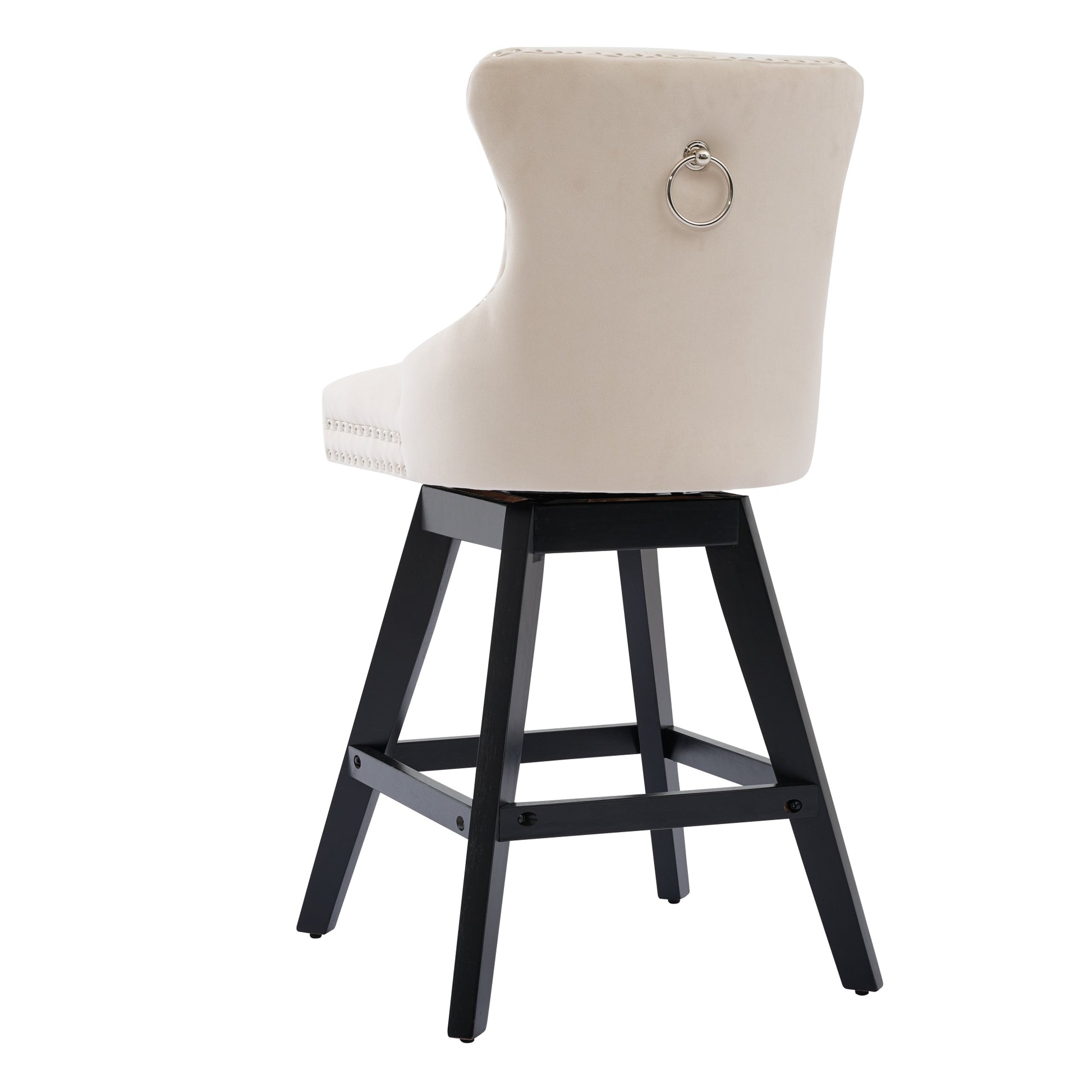 Beige velvet swivel bar stool with silver ring detail and nailhead trim