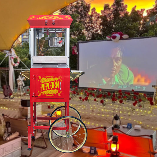 Retro red popcorn machine with gold accents and two wheels ideal for parties and events