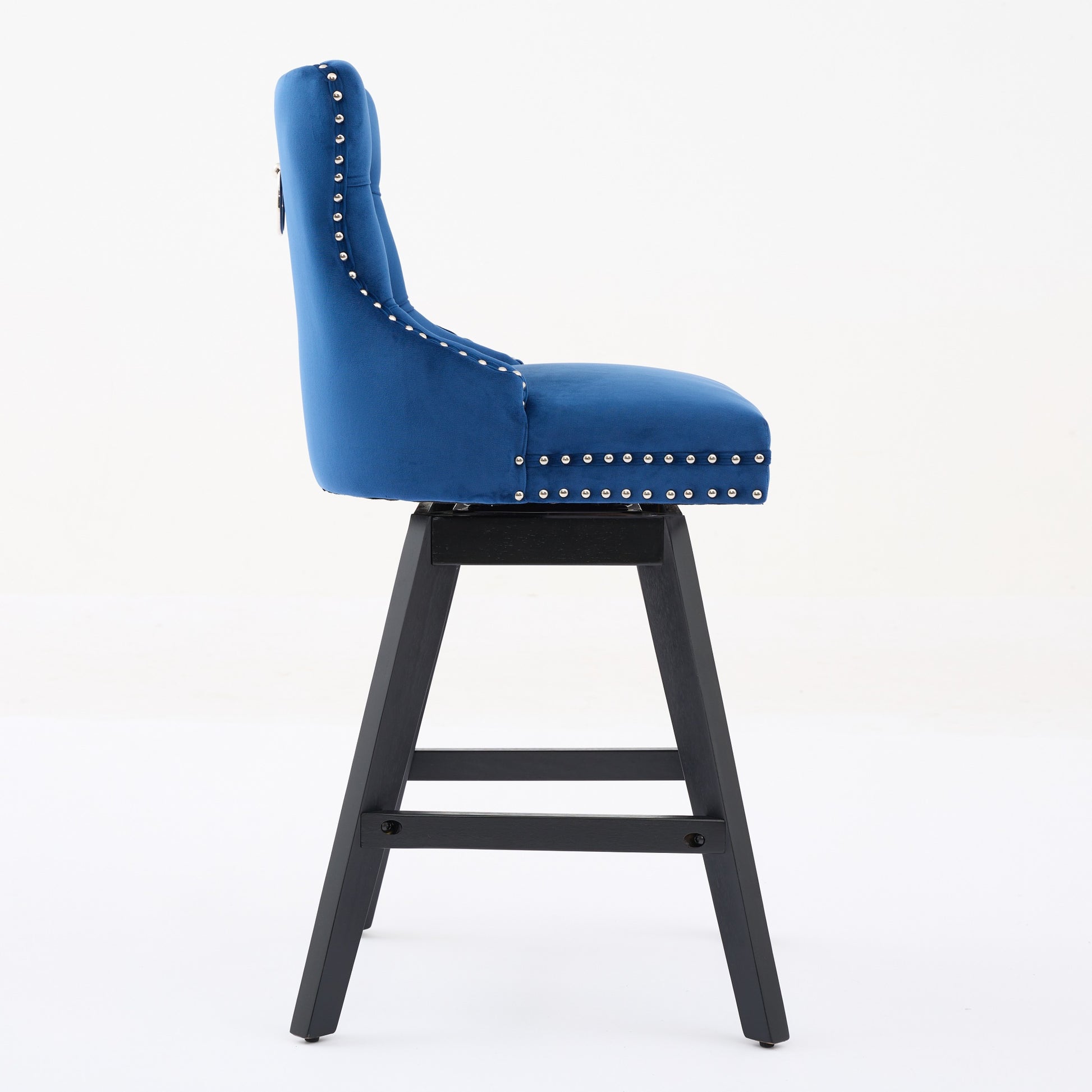 Blue velvet swivel bar stool with silver nailhead trim and black legs