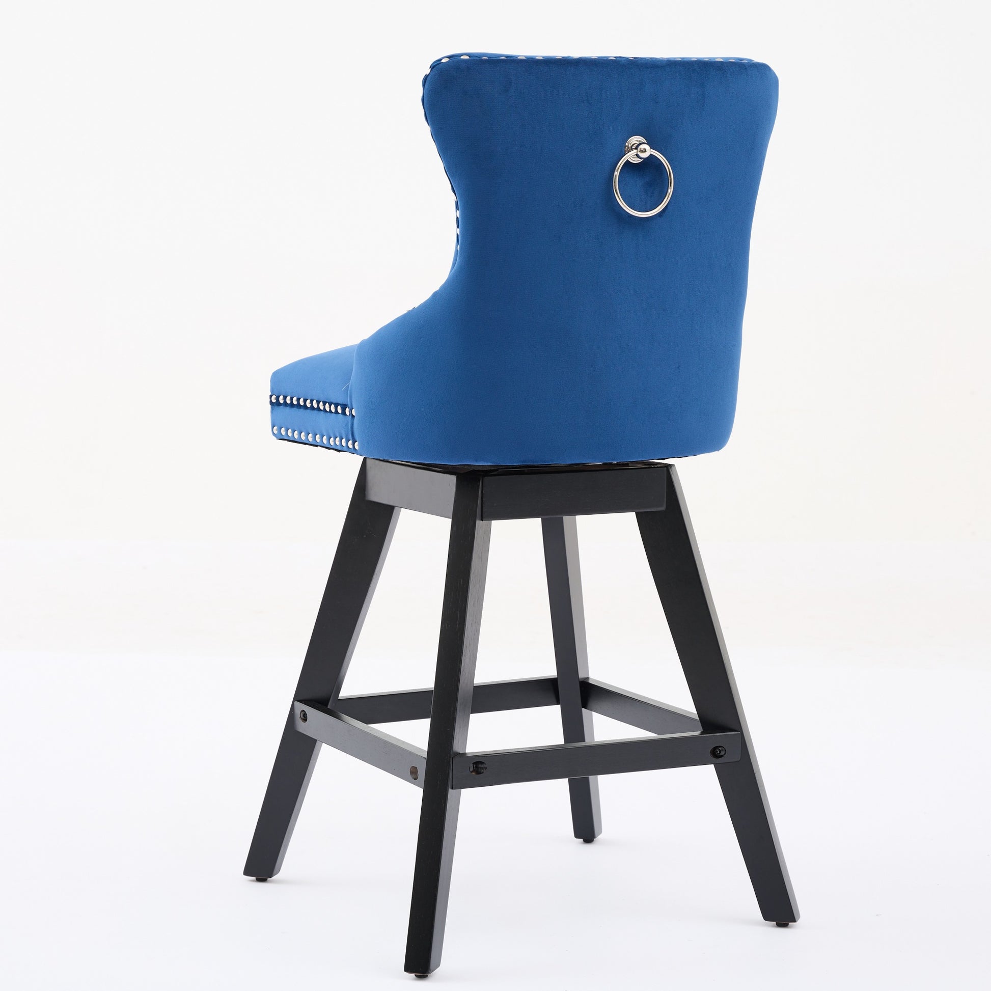 Blue velvet counter stool with silver ring accent and nailhead trim