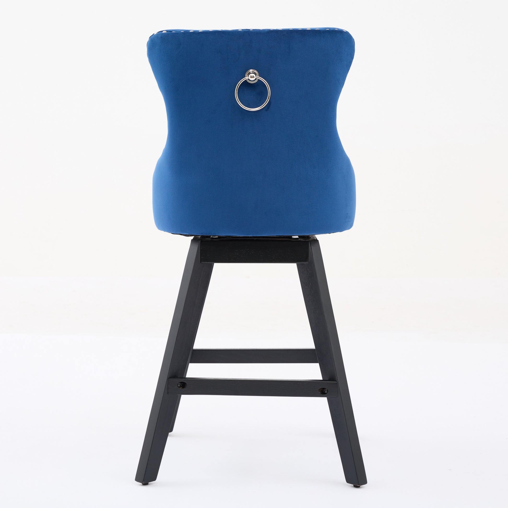 Deep blue velvet bar stool with silver ring pull on back