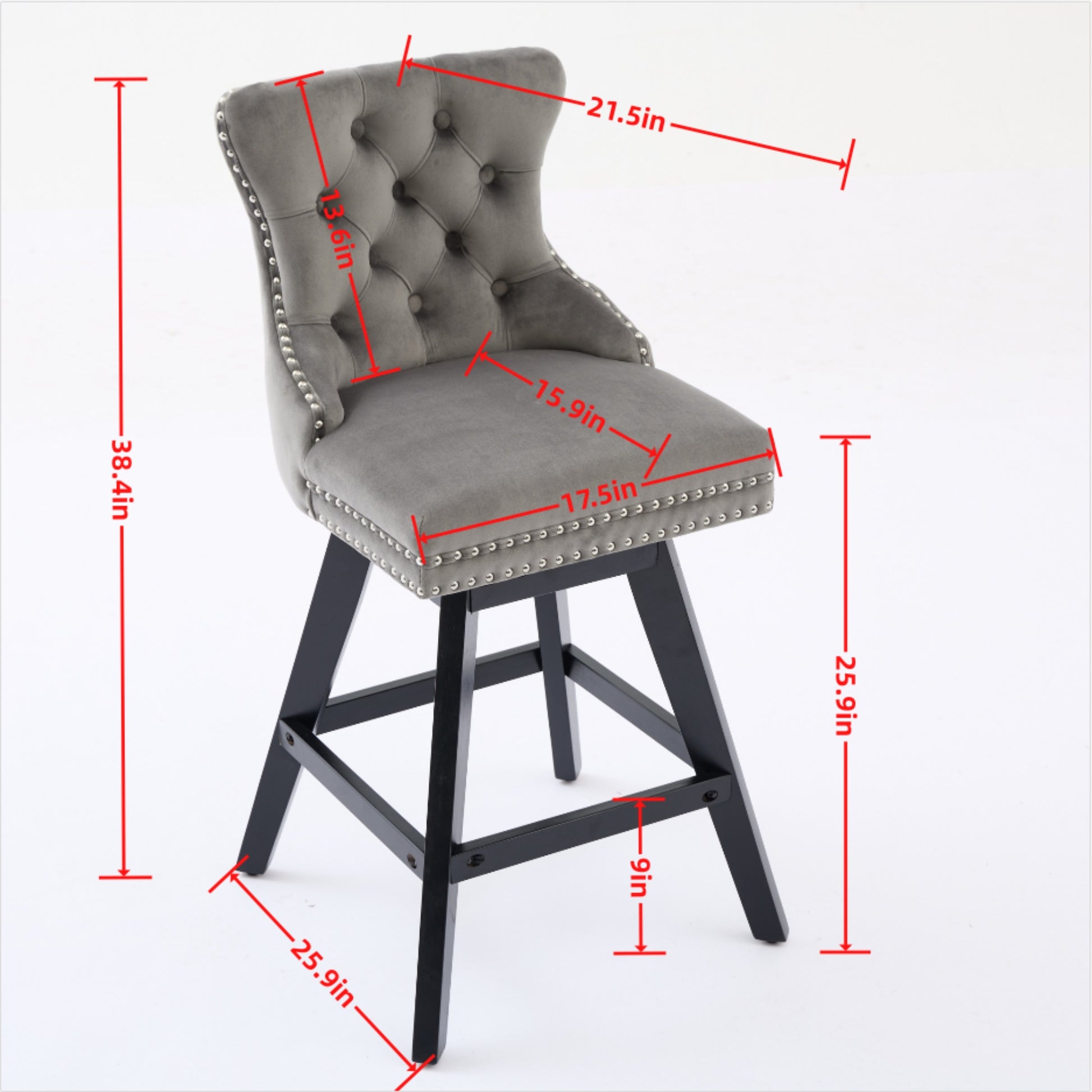 Tufted grey velvet swivel bar stool with nailhead trim and dark wooden legs