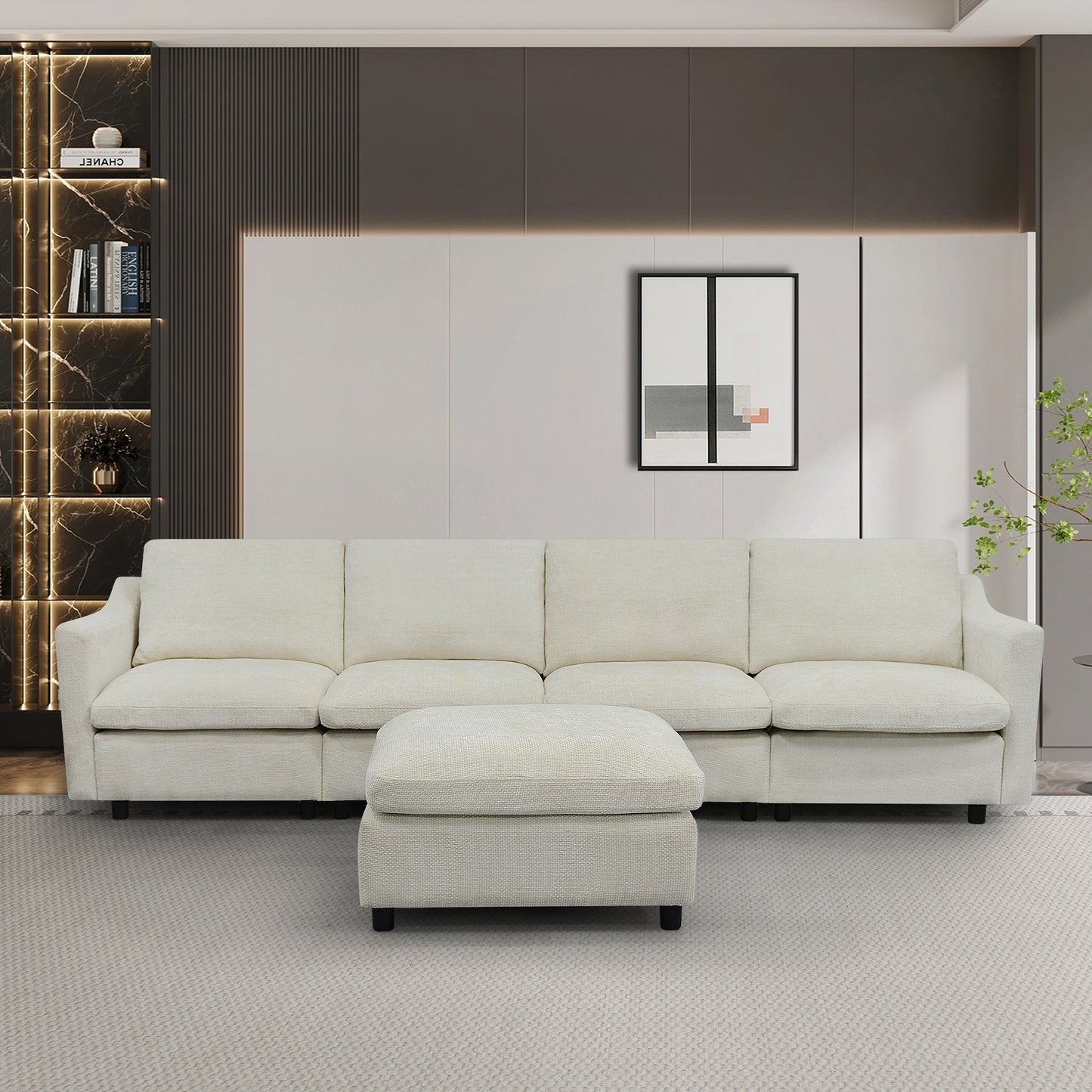 Cream fabric modular sofa with matching ottoman
